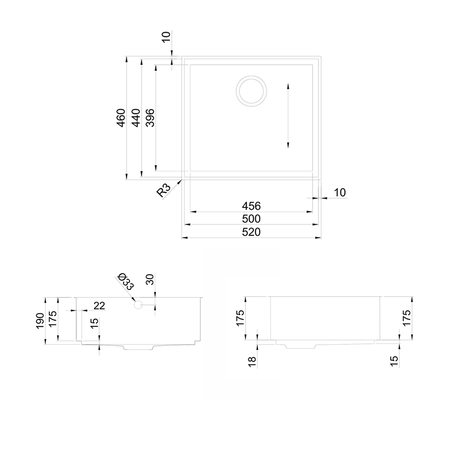 Rangemaster Baseline 1 Bowl Undermount Polished Stainless Steel Sink & Waste - 520 x 460mm