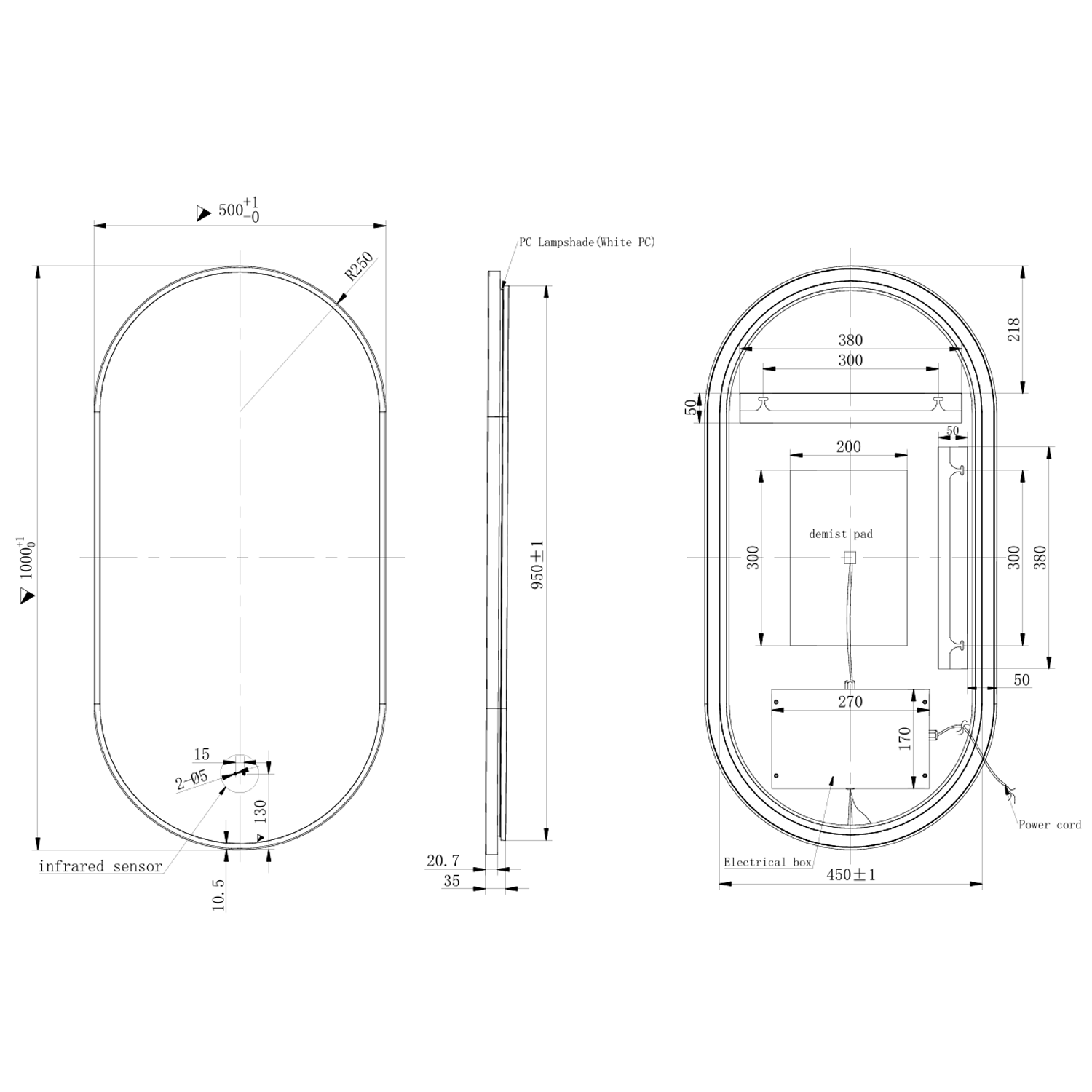 Billy LED Oval Framed Mirror with Demister Pad & Colour Change Lights - 500 x 1000mm