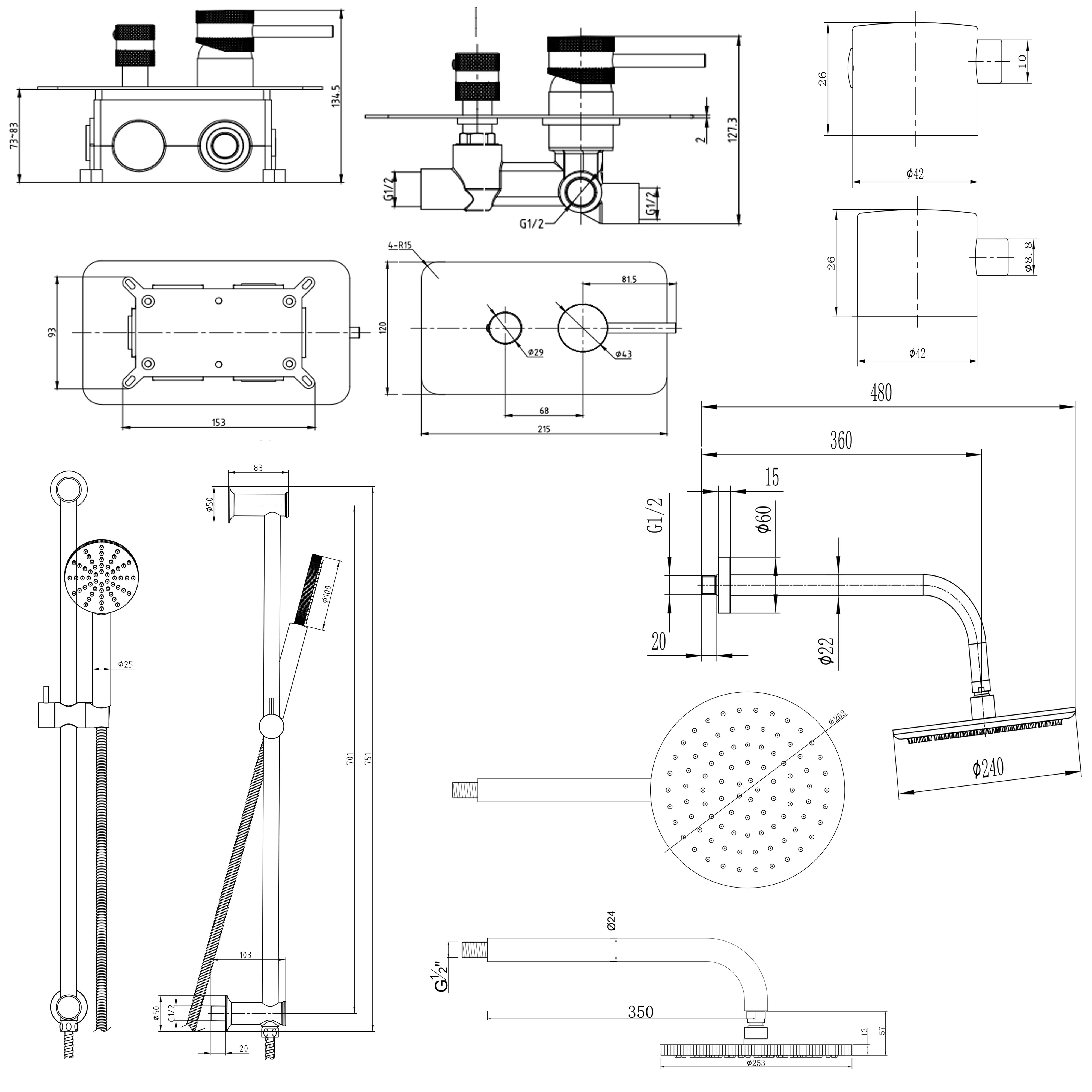 Core Shower Package with 2 Outlet Manual Valve, Fixed Wall Mounted Shower Head & Fluted Handset Slide Rail Kit