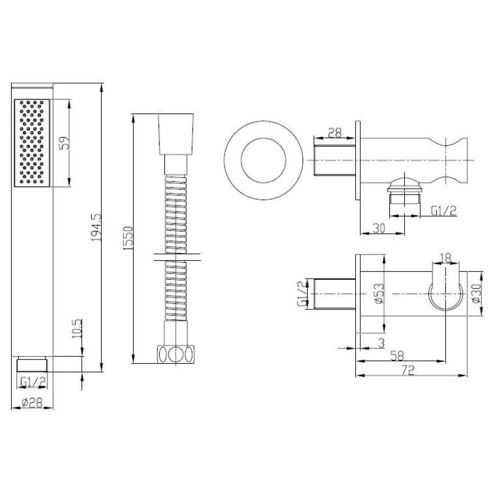 Crosswater Designer Shower Handset with Hose, Wall Outlet & Integrated Holder