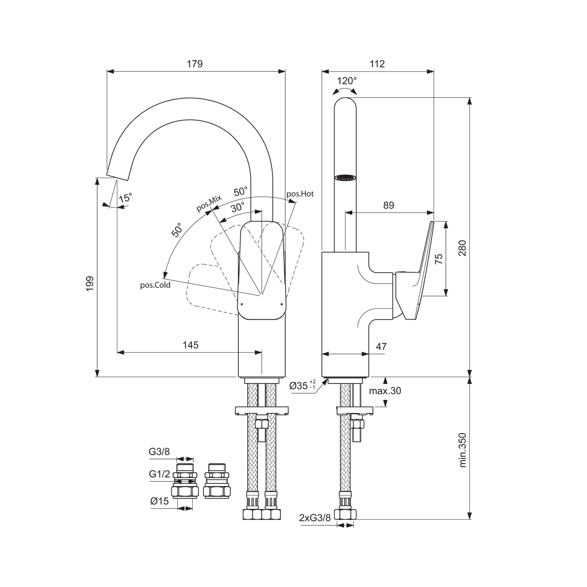 Ideal Standard Ceraplan Silk Black Side Lever Mono Basin Mixer Tap
