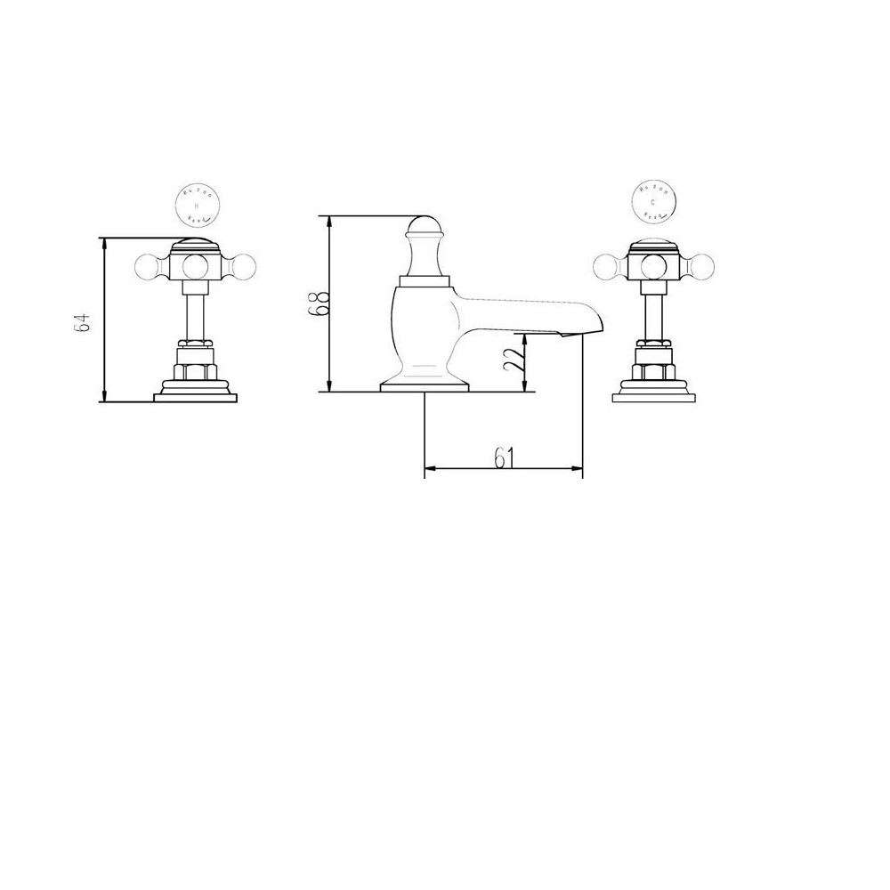 Hudson Reed Black Topaz Crosshead 3 Tap Hole Basin Mixer With Hexagonal Collars & Waste