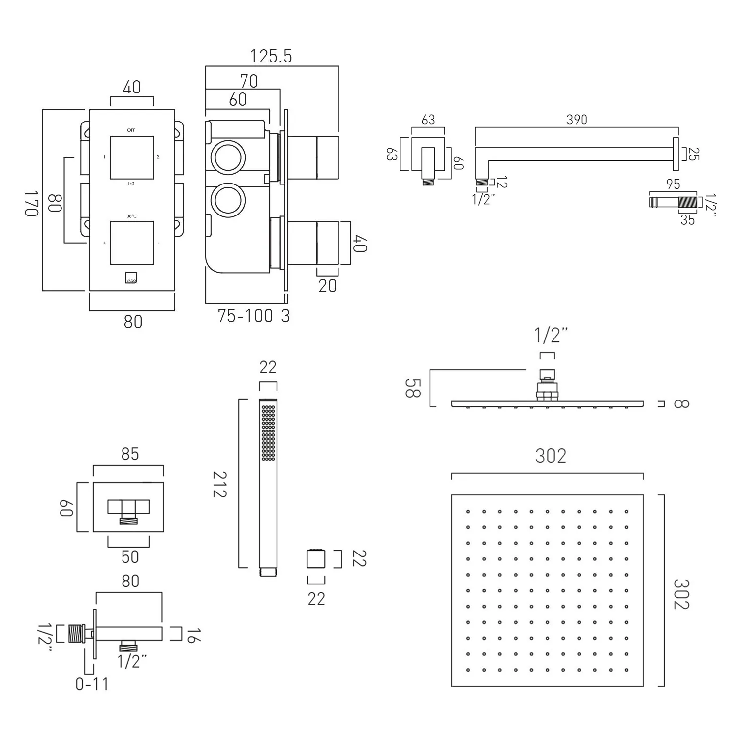 Vado Individual Tablet Notion 2 Outlet Square Concealed Thermostatic Valve, Fixed Head & Shower Handset Kit