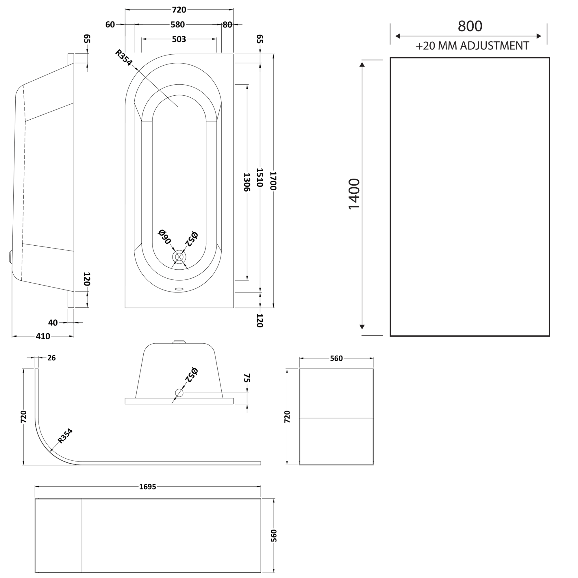 Drench J Shaped Shower Bath with Panel & Shower Screen