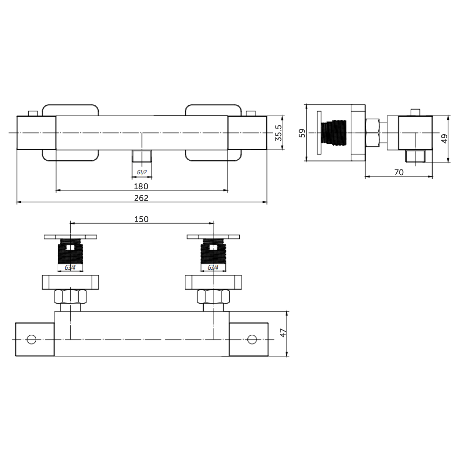 Drench Square Thermostatic Bar Valve - Bottom Outlet