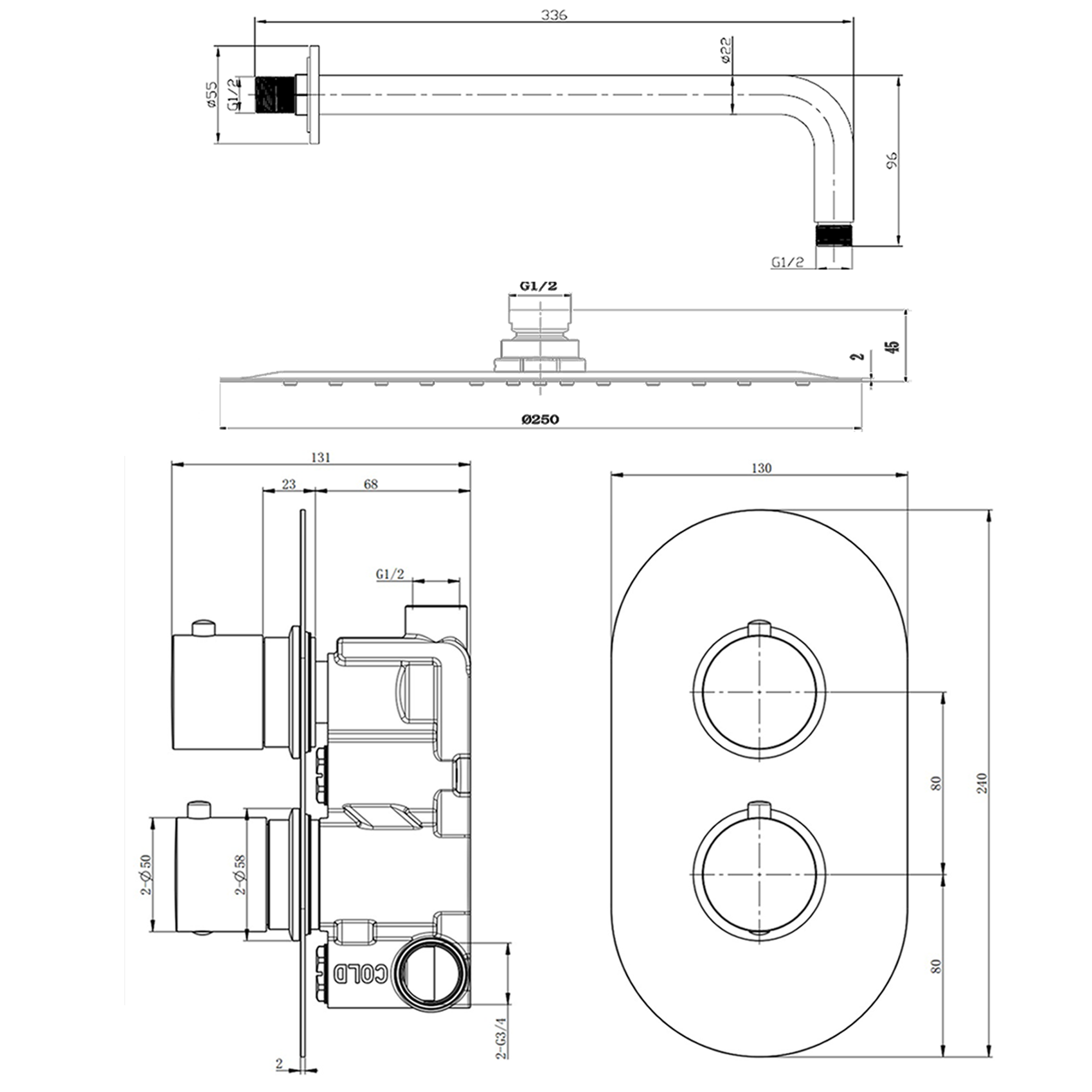 Harbour Clarity Matt Black Concealed Shower Valve & Wall Mounted Fixed Shower Head
