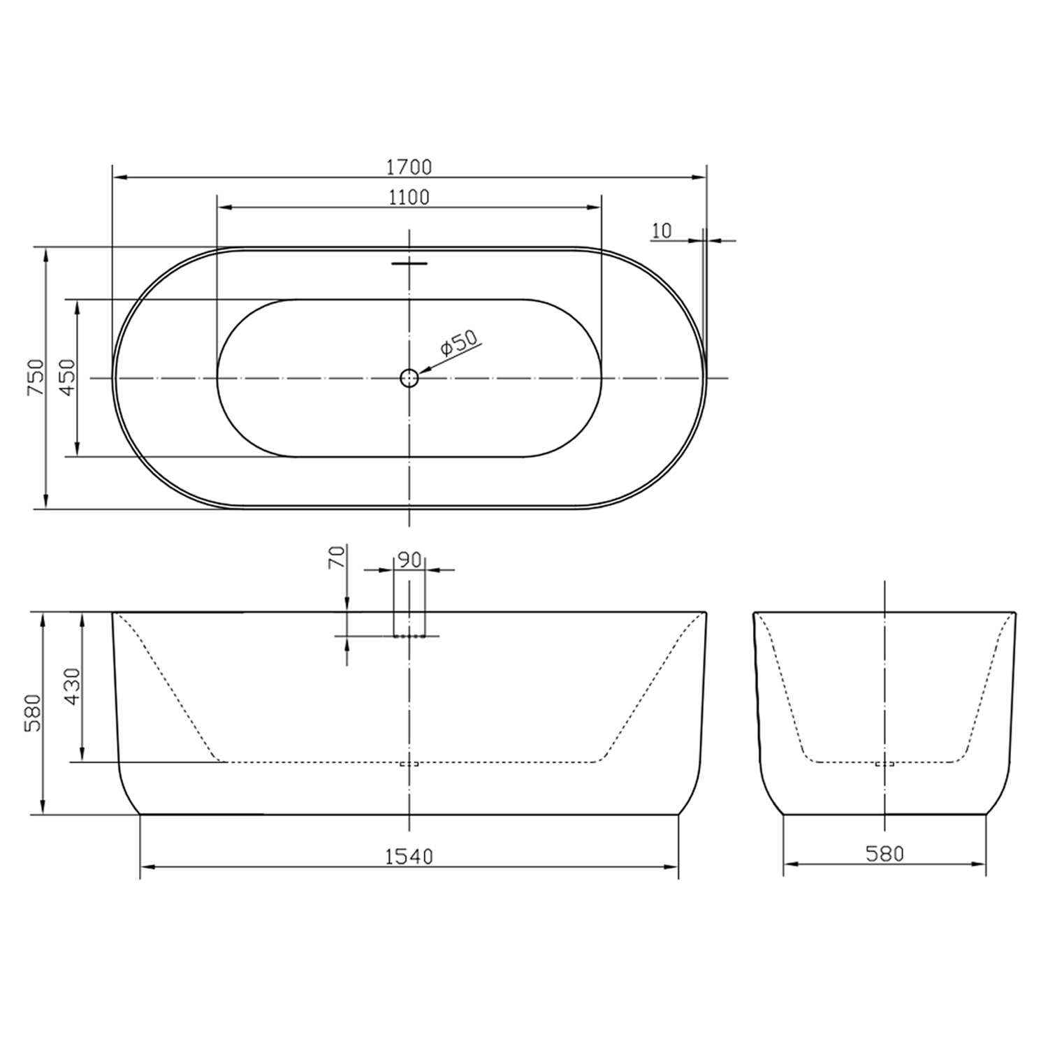 Dune Oval Freestanding Acrylic Bath 1700 - x 750mm