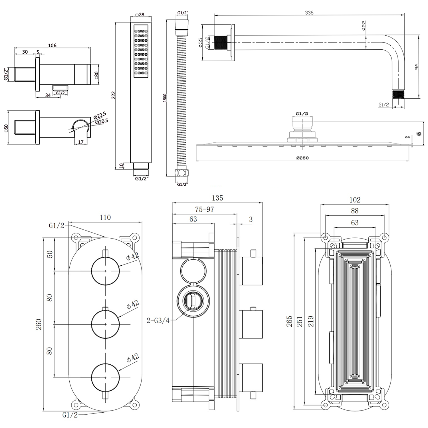 Harbour Clarity Brushed Bronze Shower Package with 2 Outlet Valve, Fixed Head & Wall Mounted Arm and Wall Shower Kit