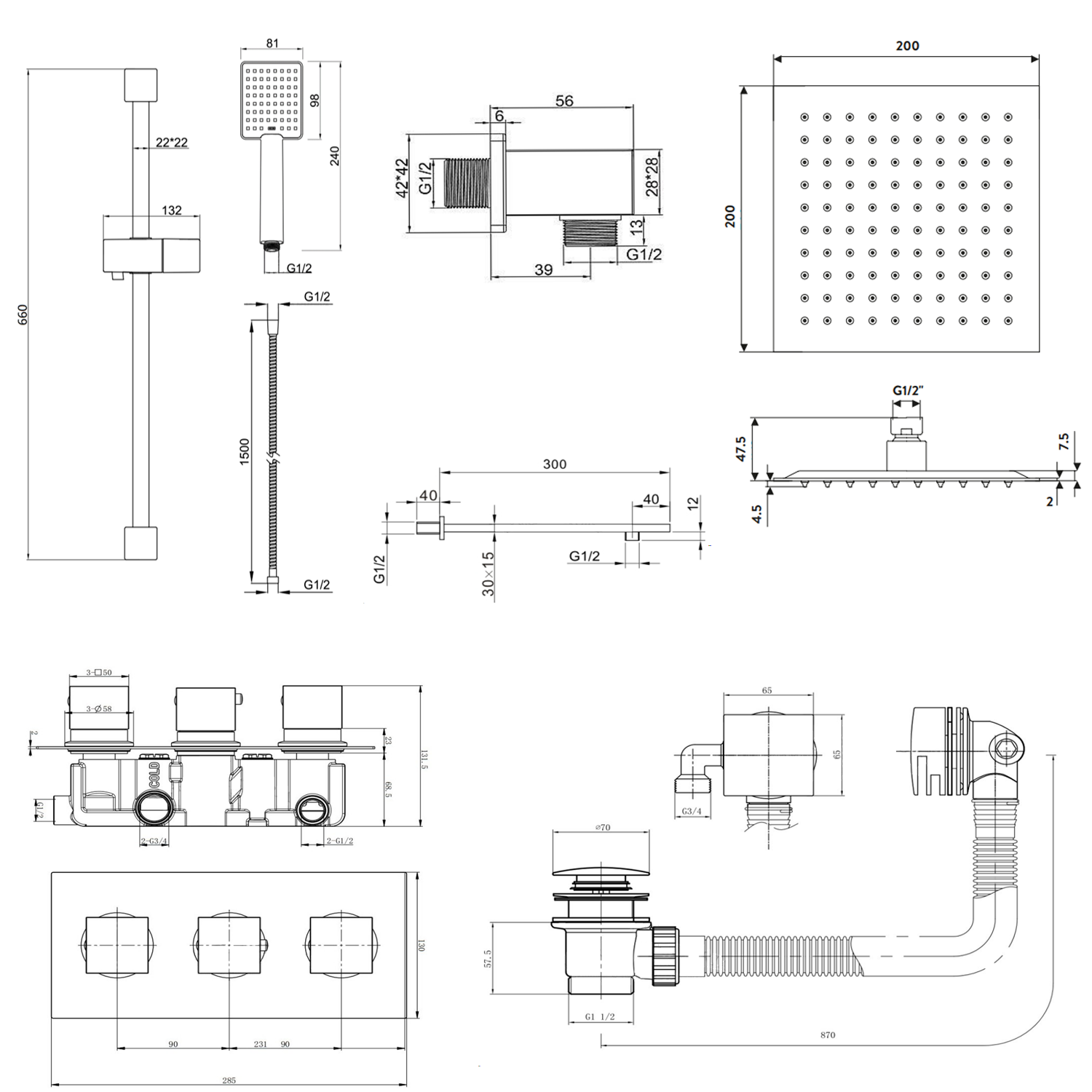 Harbour Status Matt Black Shower Package with 3 Outlet Valve, Fixed Head & Arm, Shower Rail Kit & Overflow Bath Filler