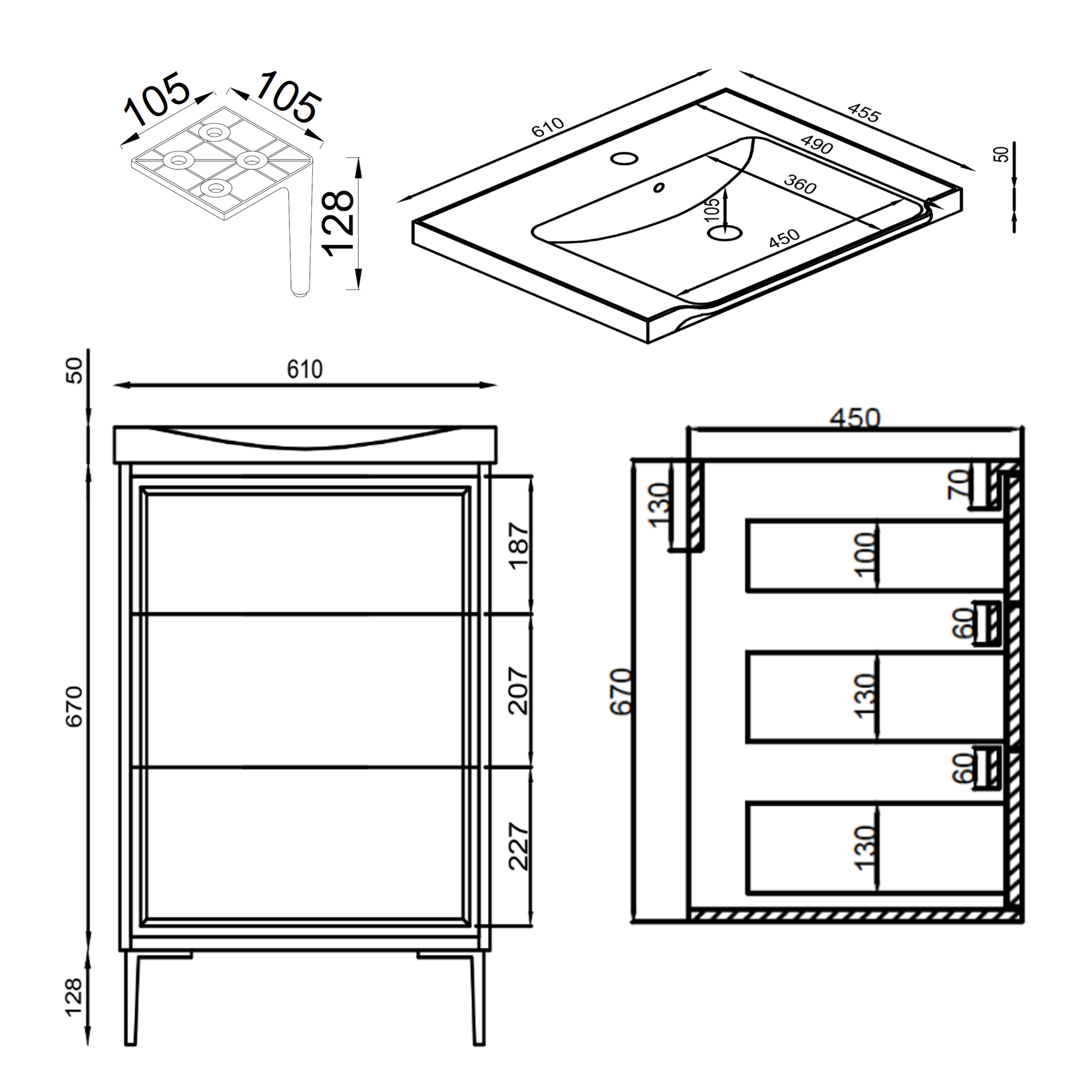 Elara 600mm Floorstanding Vanity Unit & Basin with Leg Set