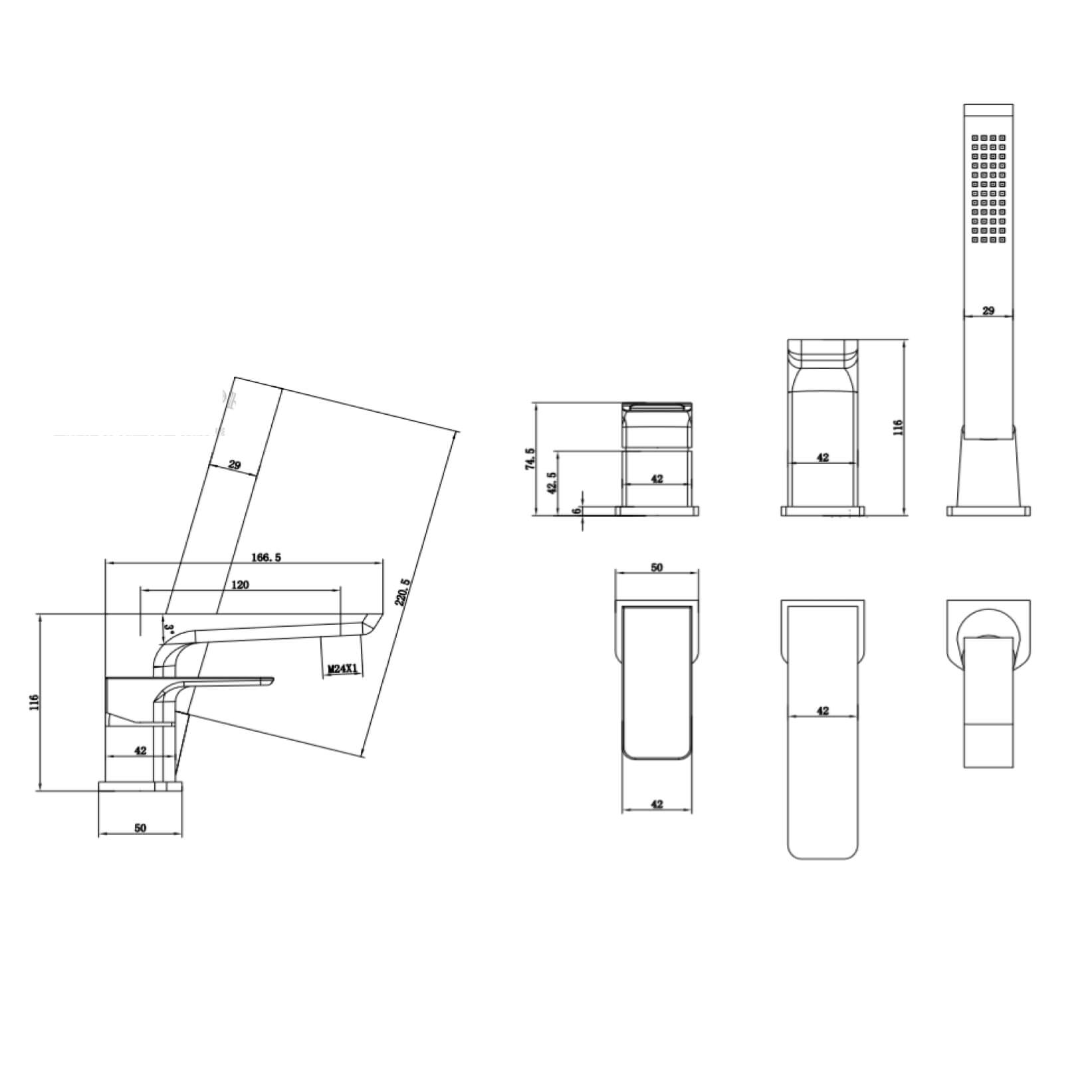 Harbour Status Matt Black 4 Hole Bath Mixer with Pull Out Handset