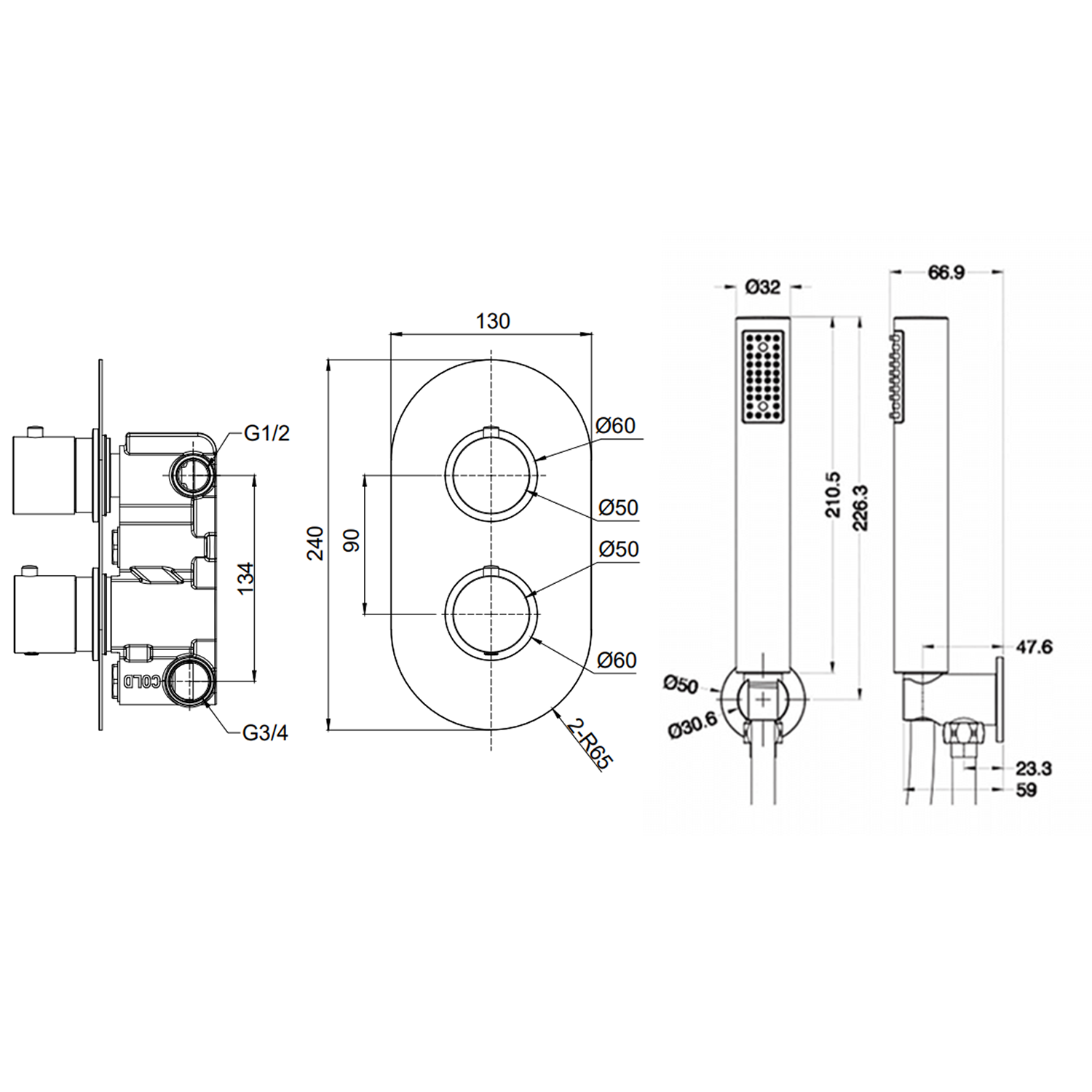 Nina Concealed Shower Valve, Fixed Shower Head & Handset