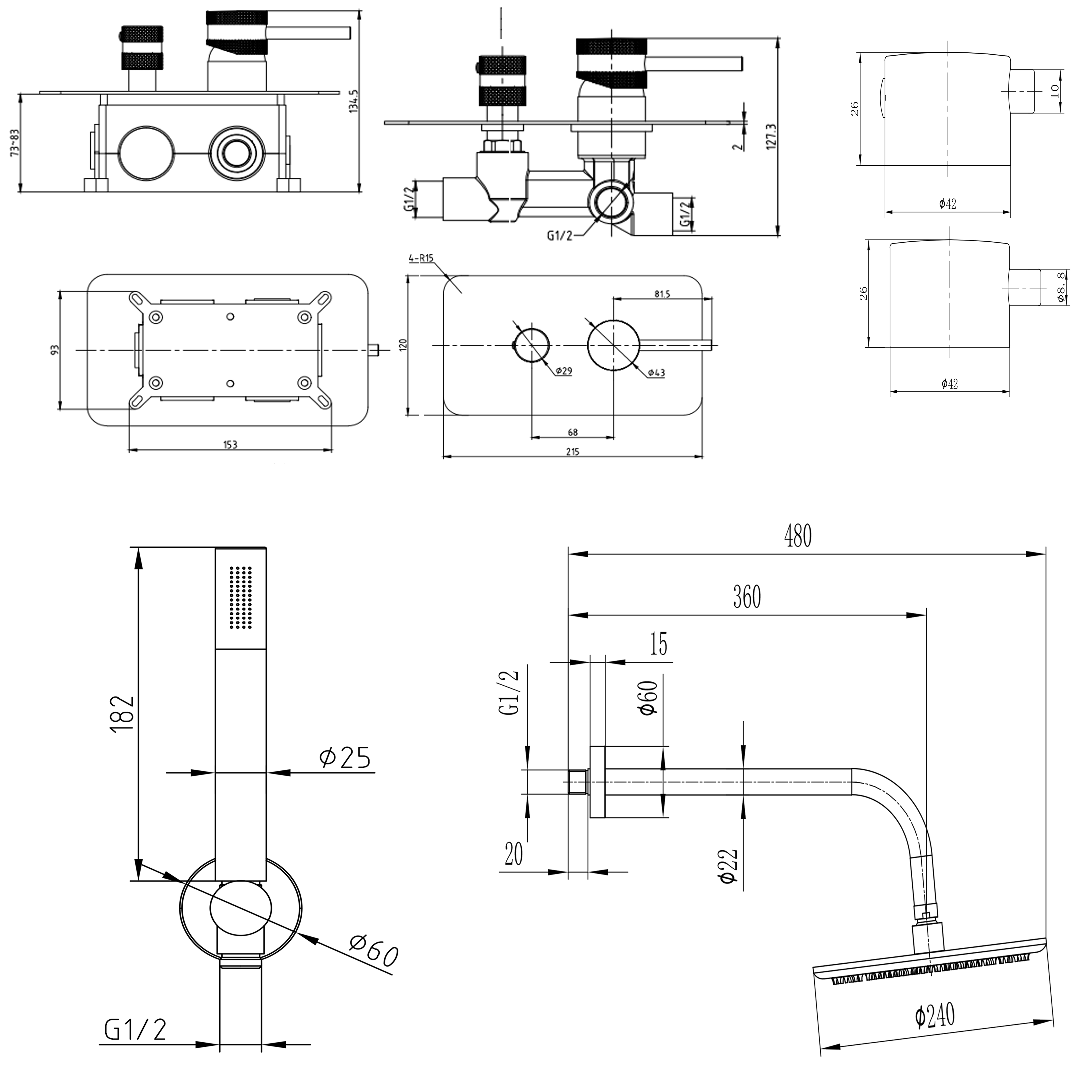 Core Shower Package with 2 Outlet Manual Valve, Fixed Wall Mounted Shower Head & Shower Kit