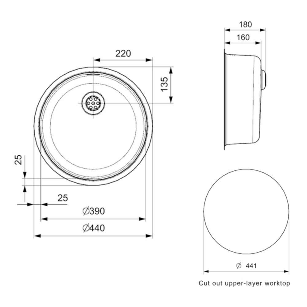 Reginox Comfort Round Bowl Stainless Steel Kitchen Sink & Waste - 440 x 440mm