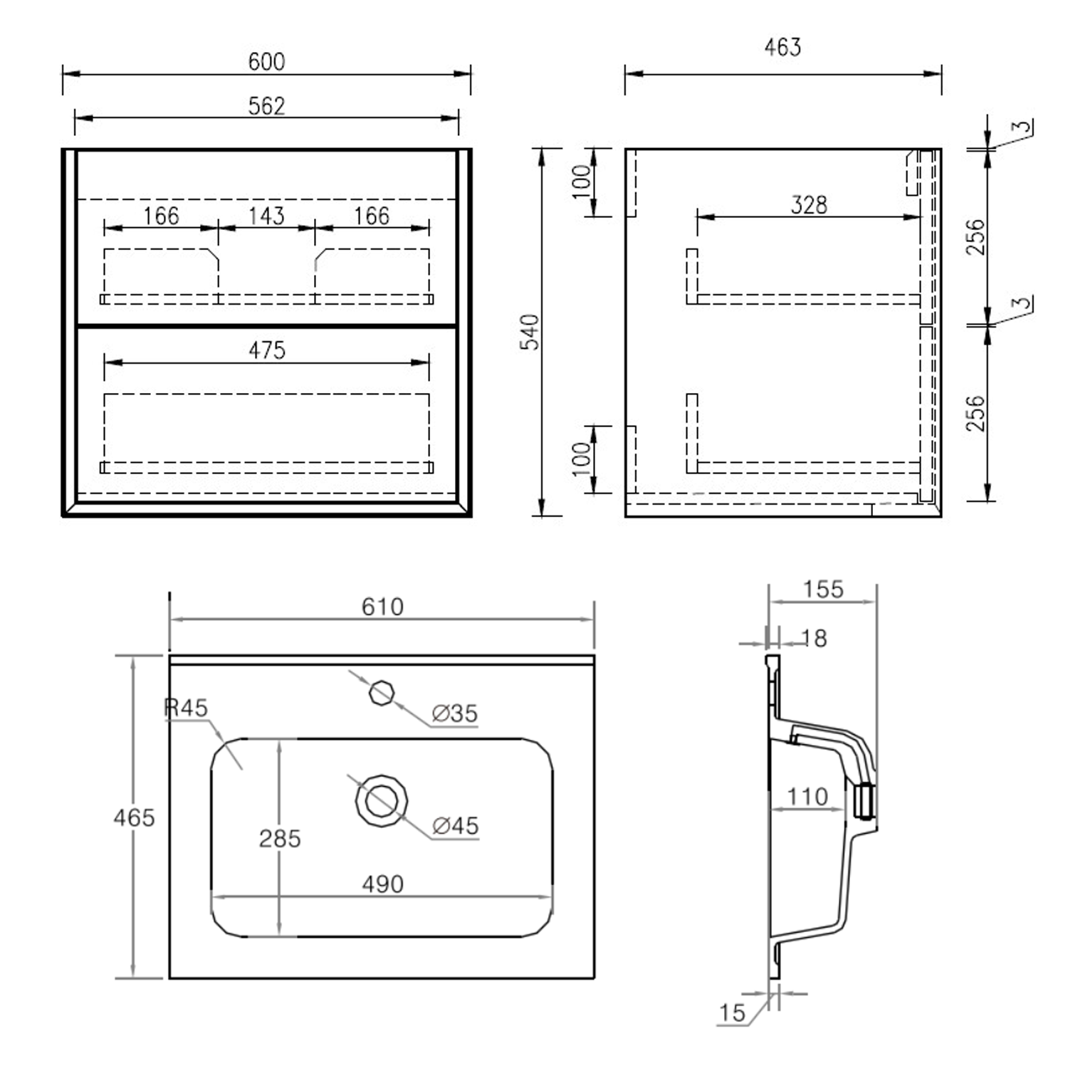 Oslo 600mm Wall Mounted Vanity Unit & Matt White Basin