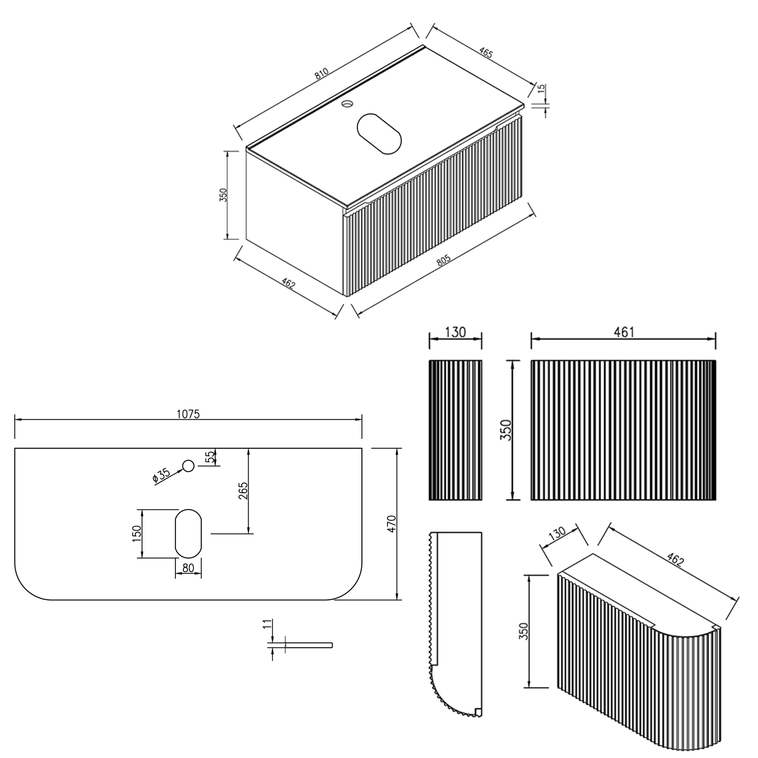 Drench Groove 1075mm Fluted Wall Hung Curved Vanity Unit With Sintered Stone Countertop