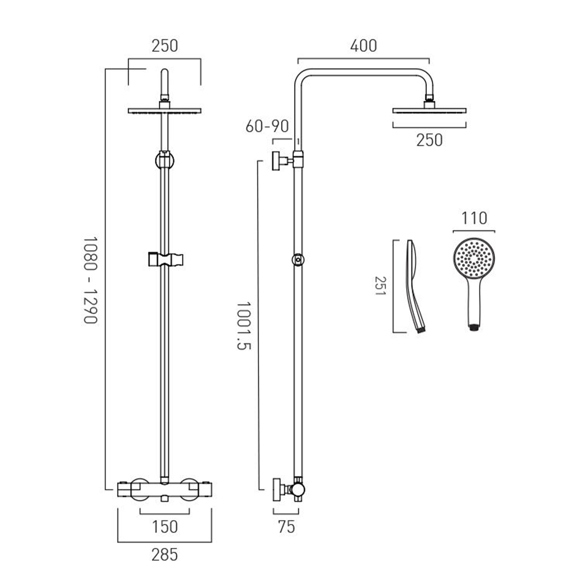Vado Velo Thermostatic Shower Valve with Rigid Riser, Shower Head & Handset
