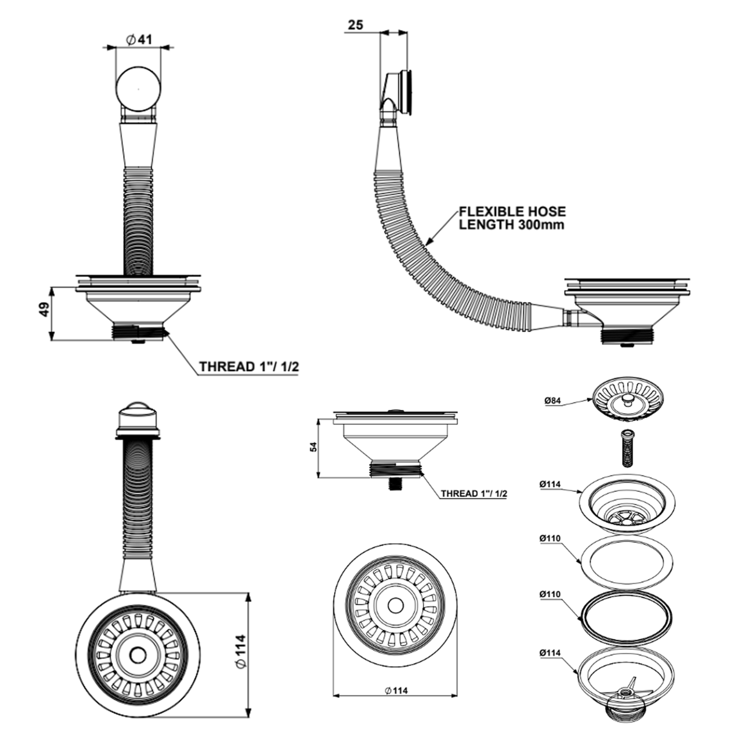 Butler & Rose Premium 90mm 1.5 & 2 Bowl Kitchen Sink Strainer Wastes with Round Overflow