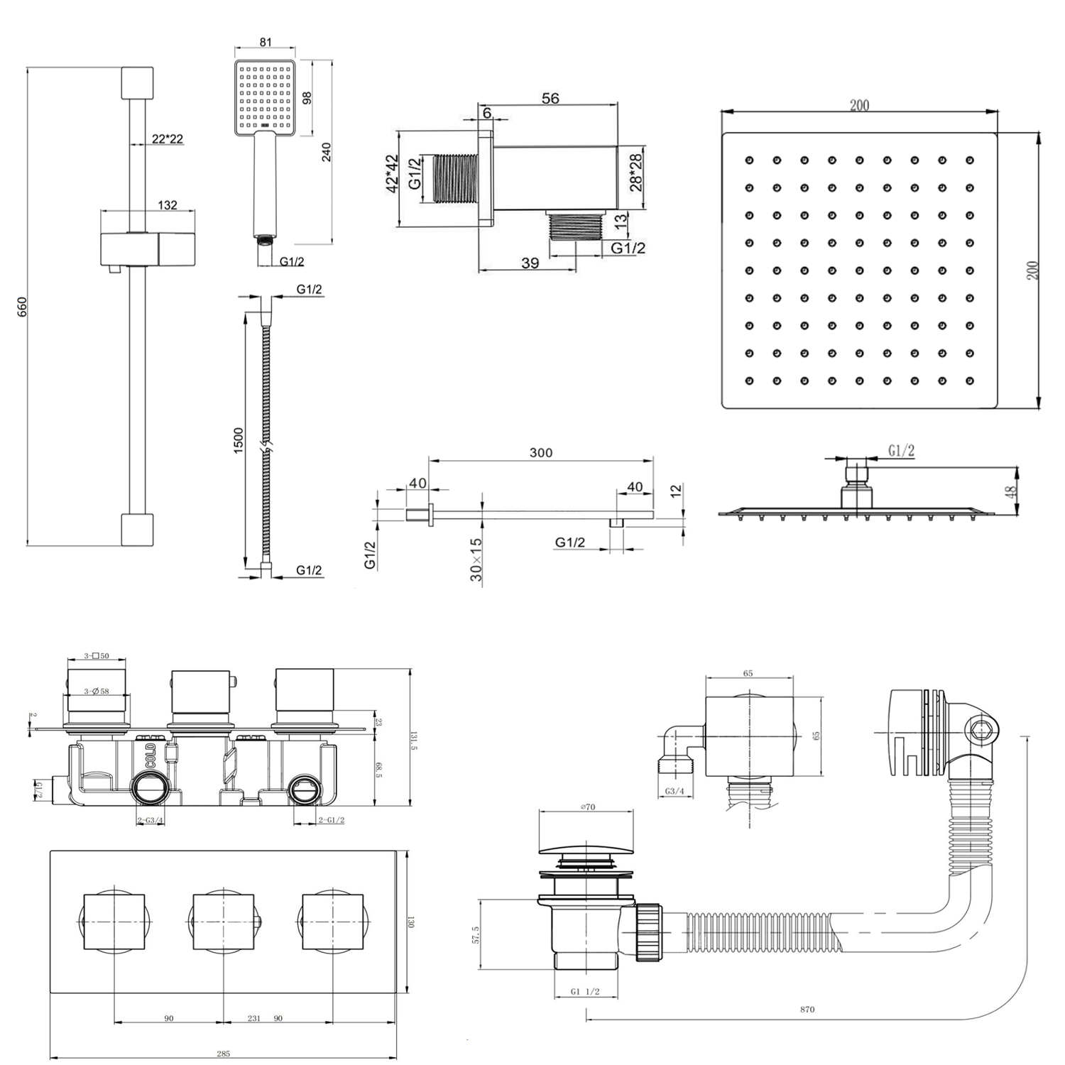 Harbour Status Matt Black Shower Package with 3 Outlet Valve, Fixed Head & Arm, Shower Rail Kit & Overflow Bath Filler
