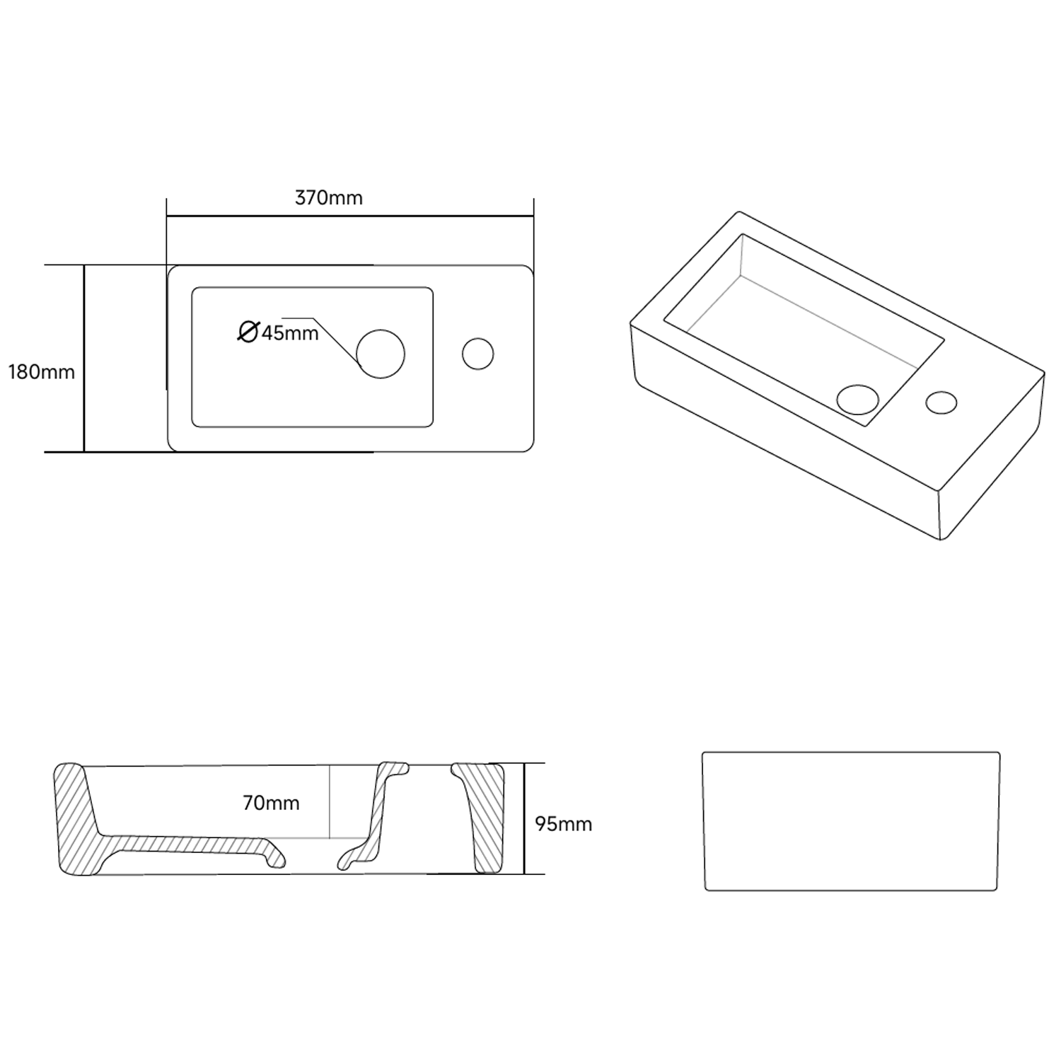 Erin Small Wall Hung Cloakroom Basin - 370 x 180mm