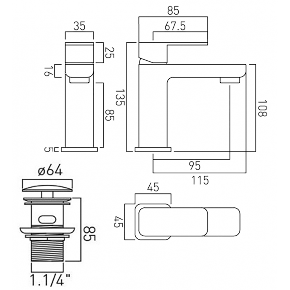 Vado Phase Single Lever Mini Mono Basin Mixer with Universal Clicker Waste