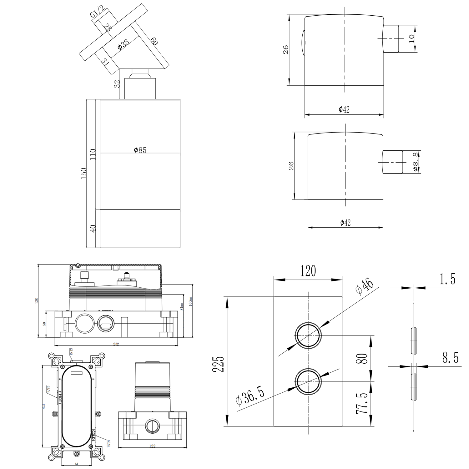 Core Portrait 1 Outlet Concealed Shower Valve & Wall Mounted Fluted Spotlight Shower Head