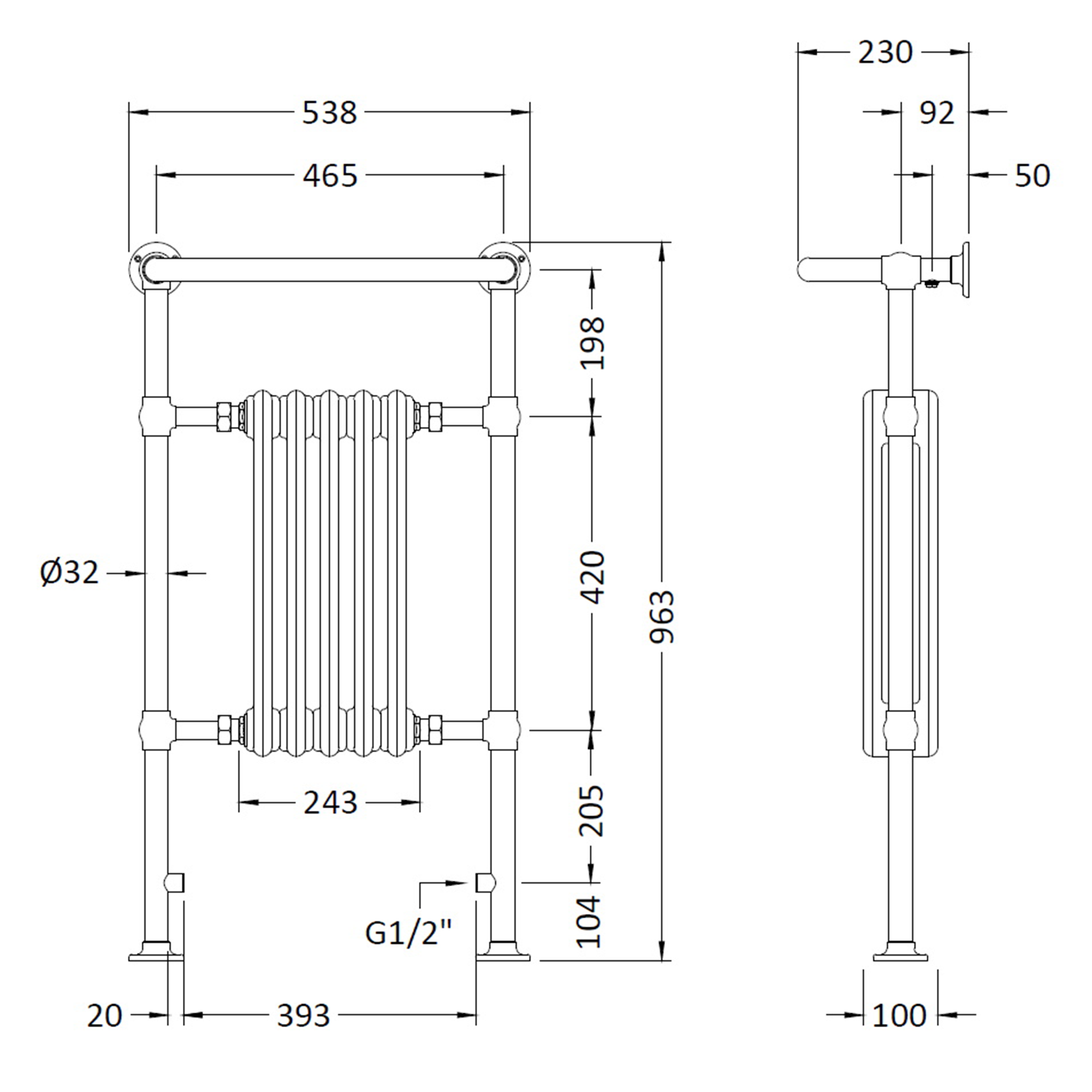 Hudson Reed Harrow Small Traditional Towel Rail - 965 x 538mm