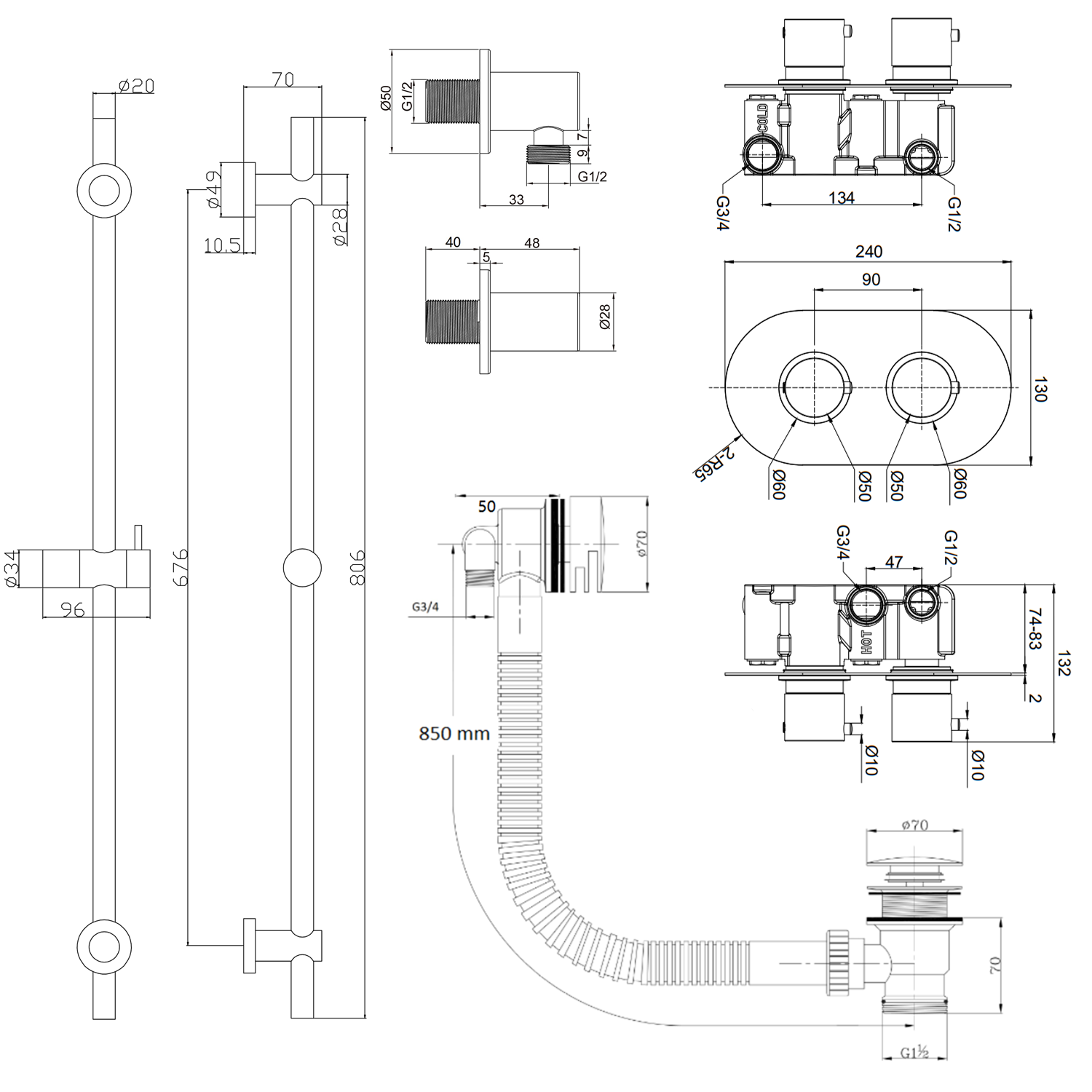Harbour Clarity Brushed Brass Shower Package with 2 Outlet Valve, Slide Rail Kit and Overflow Bath Filler