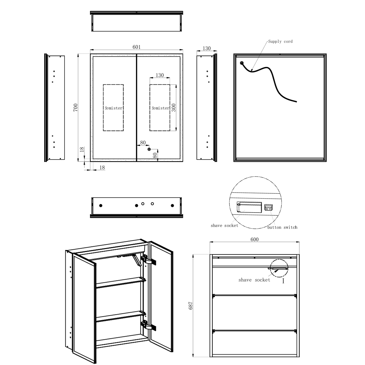 Harbour Glow Recessed Double Door LED Bathroom Mirror Cabinet - 600 x 700mm