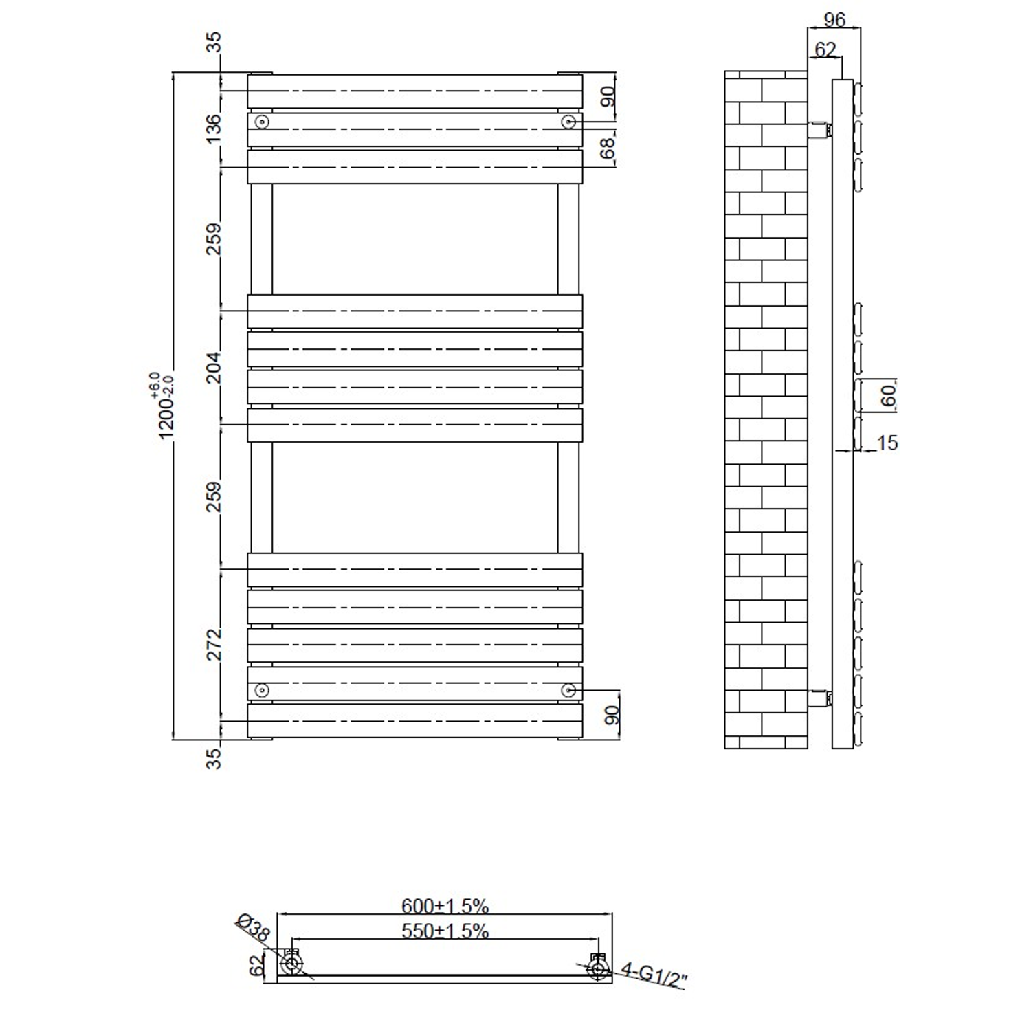 Brenton Avezzano Chrome Flat Panel Heated Towel Rail - 1200 x 600mm