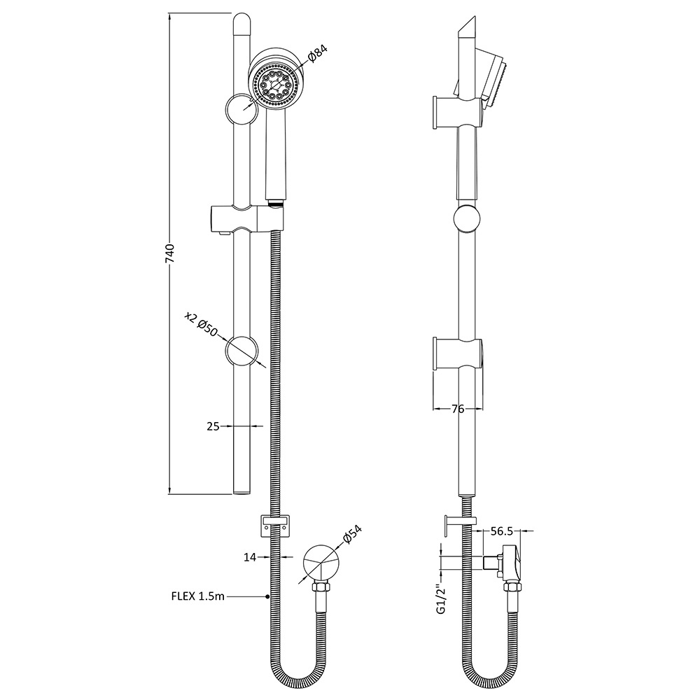 nuie Slider Rail Kit with Single Function Handset & Wall Outlet