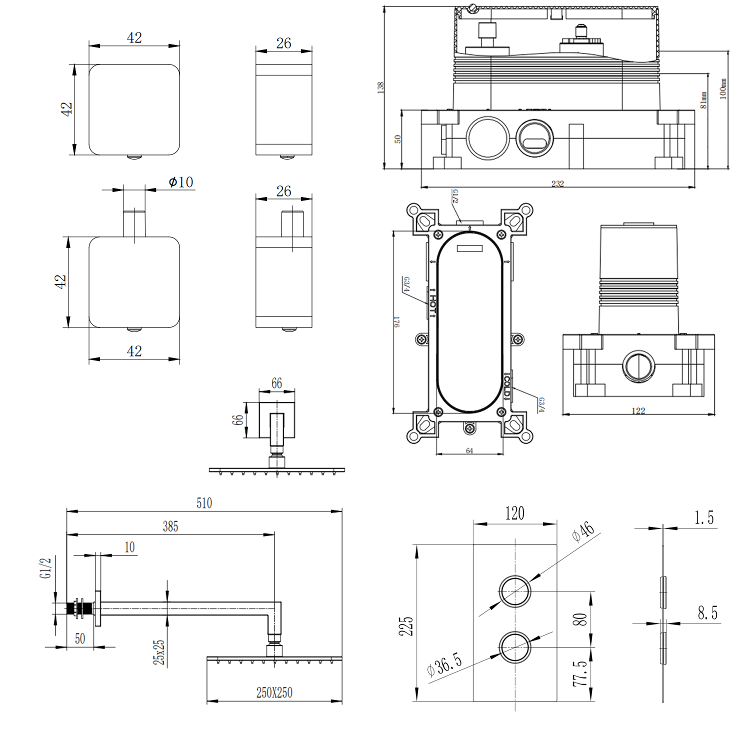 Core Portrait 1 Outlet Concealed Valve & Fixed Wall Mounted Square Shower Head