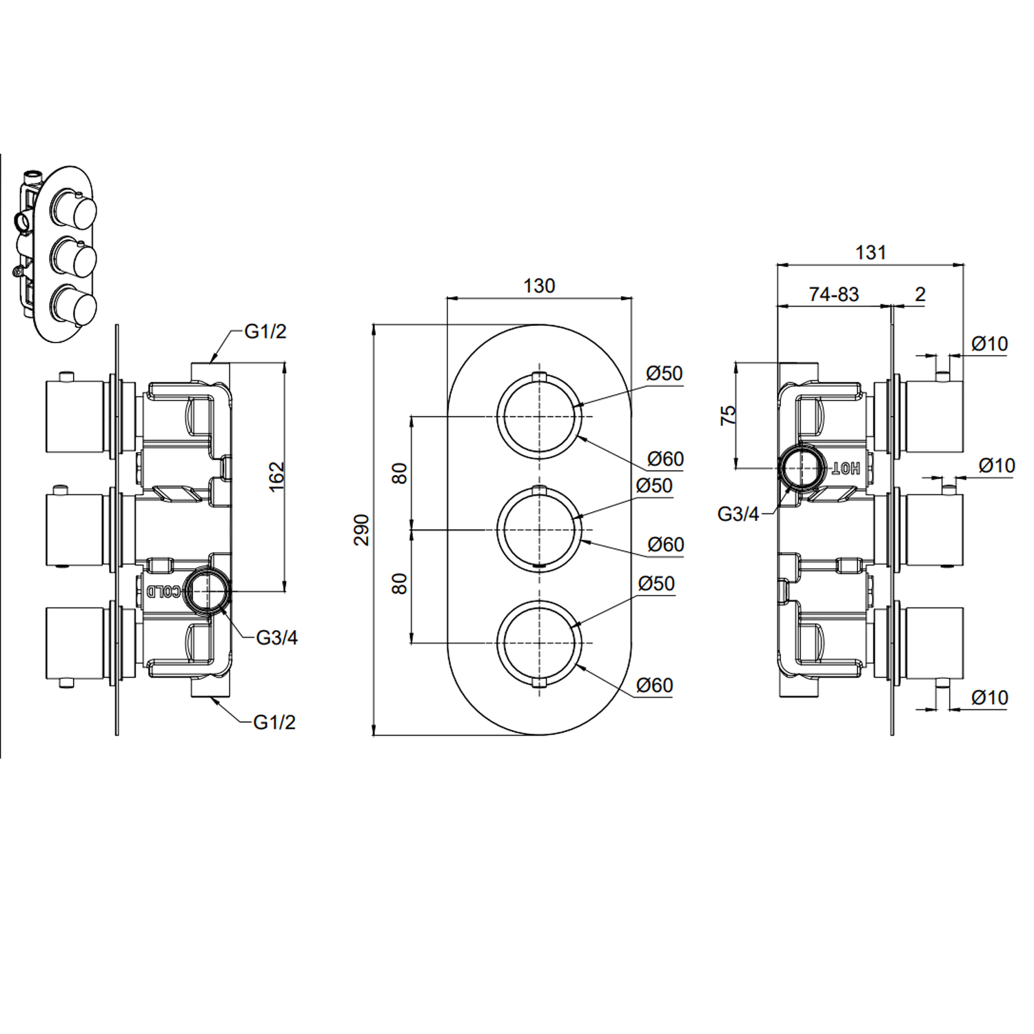 Harbour Clarity Chrome 2 Outlet Thermostatic Concealed Shower Valve - Three Handle