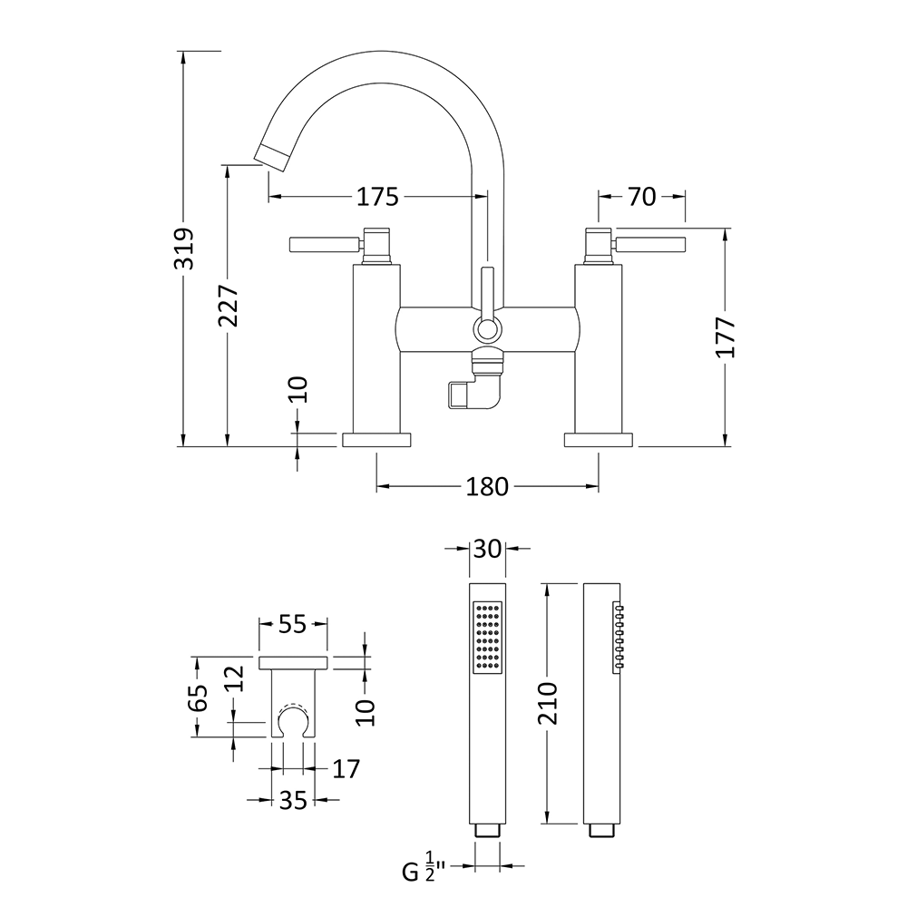 Hudson Reed Tec Lever Deck Mounted Bath Shower Mixer with Handset Kit