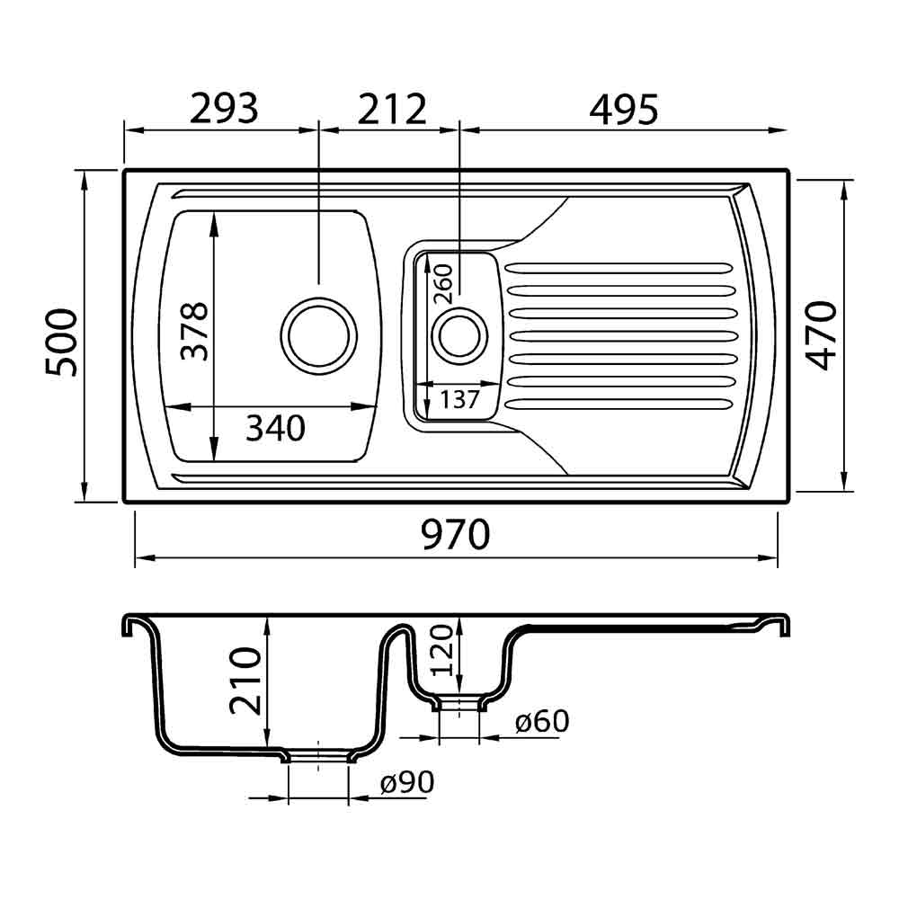 Clearwater Sonnet White Ceramic 1.5 Bowl Sink with Reversible Drainer - 970 x 500mm