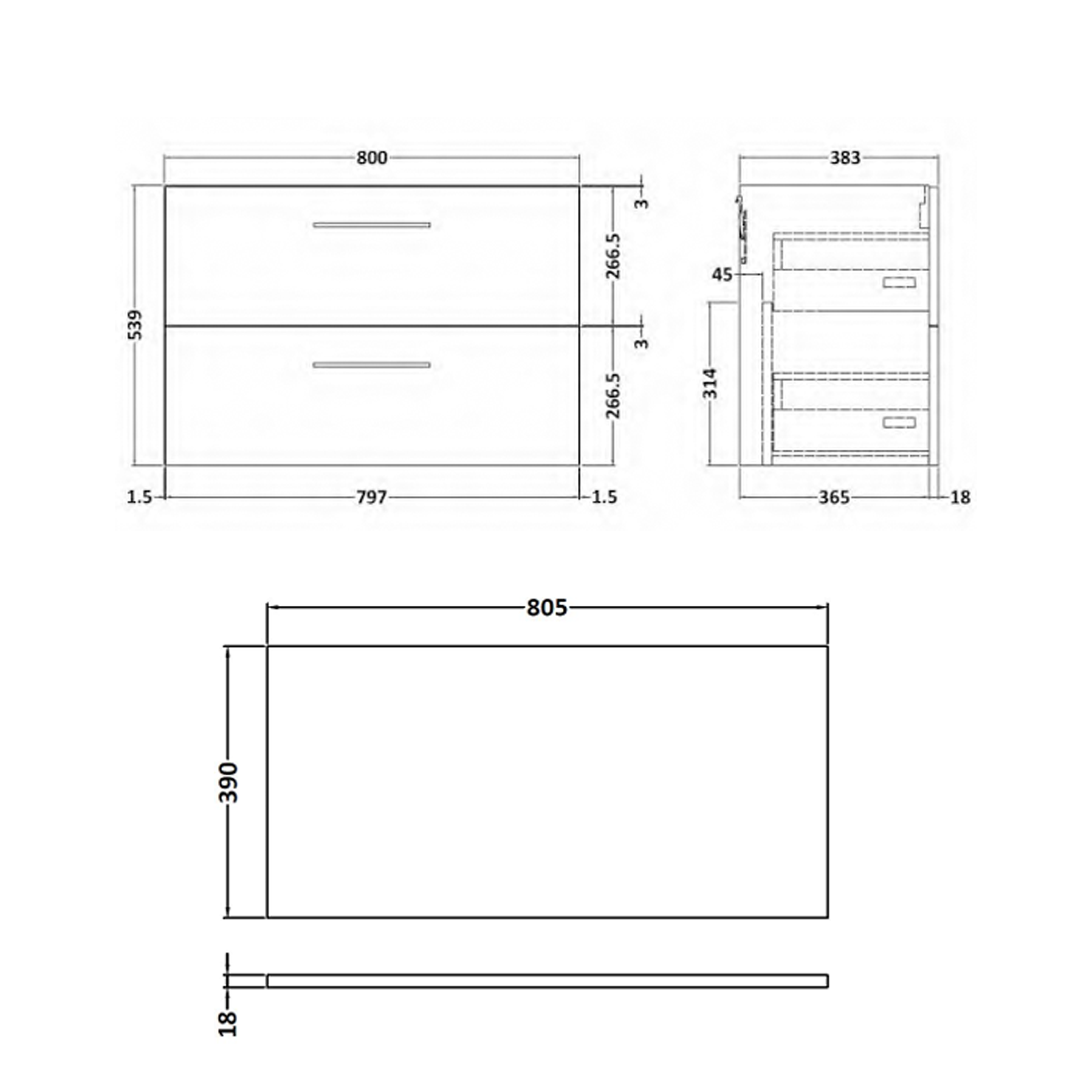 Erin 800mm Wall Mounted 2 Drawer Vanity Unit & Countertop