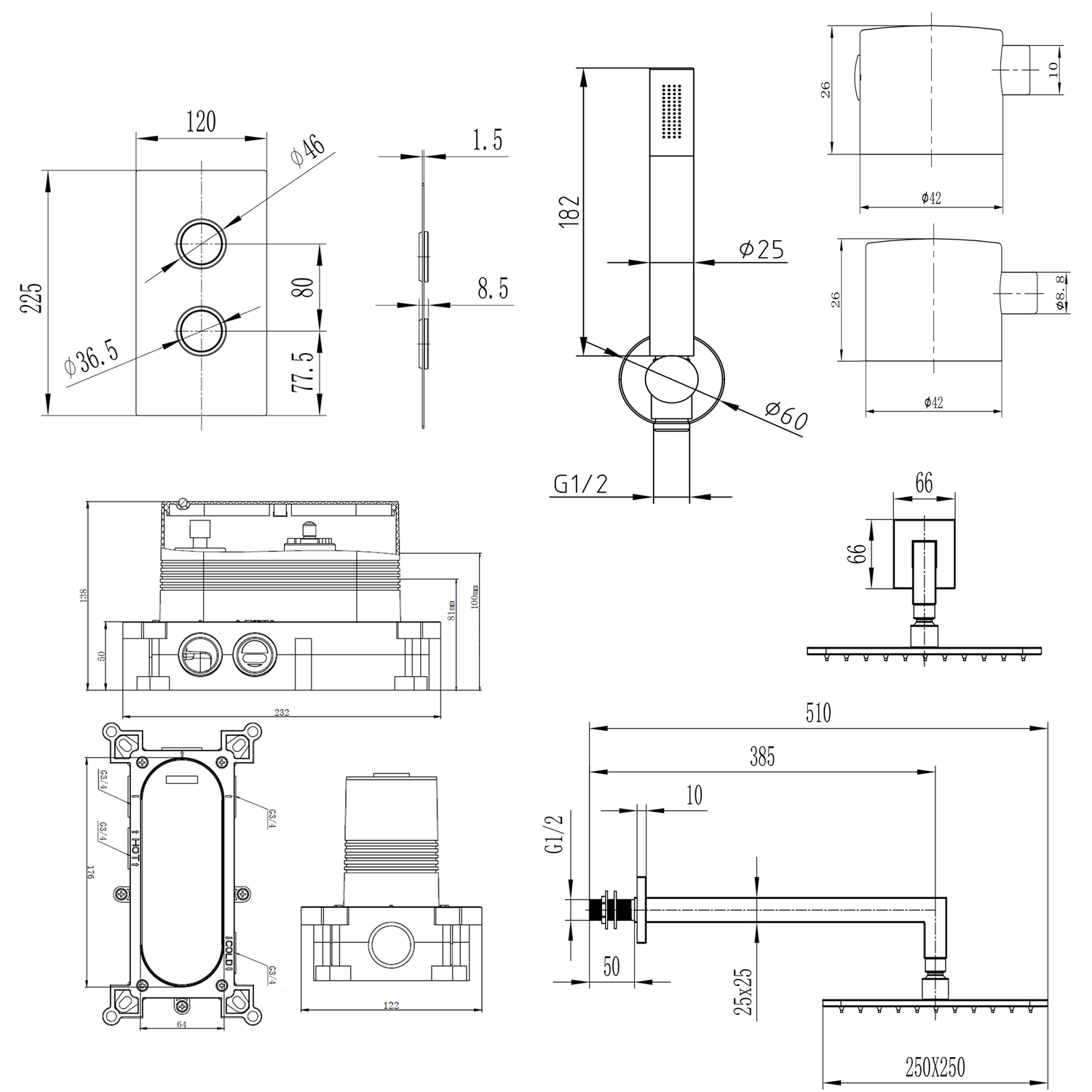 Core Shower Package with 2 Outlet Valve, Fixed Wall Mounted Square Shower Head & Shower Wall Kit