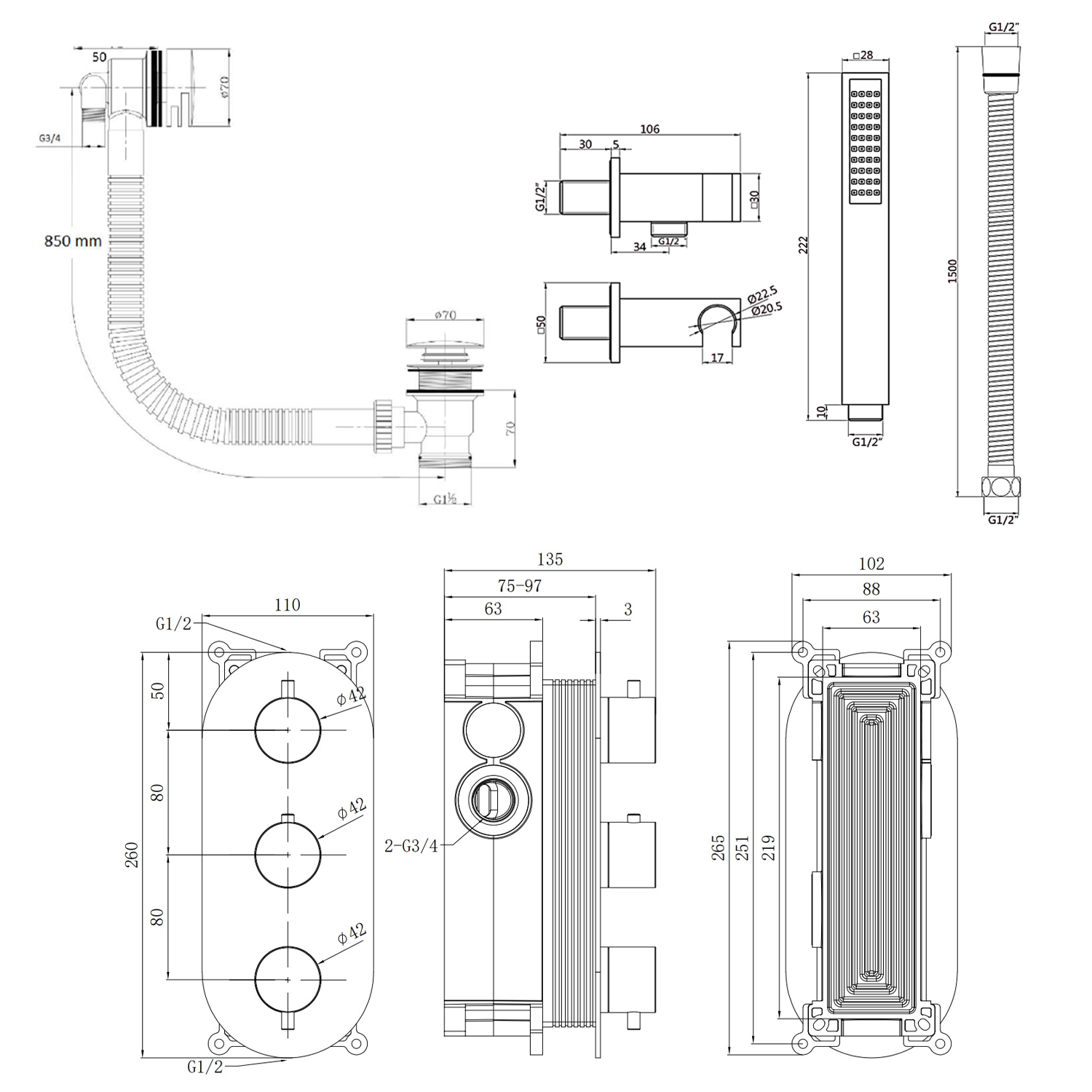 Harbour Clarity Brushed Bronze Shower Package with 2 Outlet Valve, Wall Shower Kit and Overflow Bath Filler
