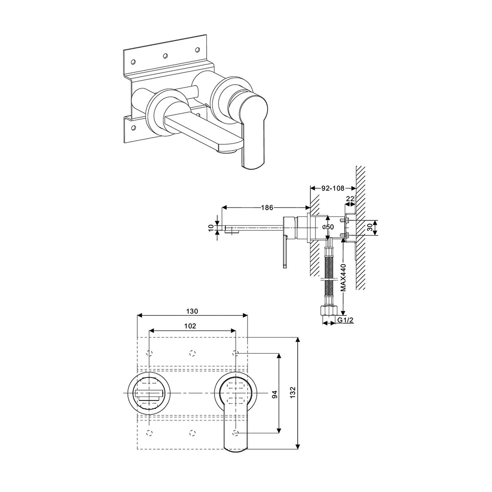 Crosswater Wisp Wall Mounted Basin 2 Hole Set with Plate