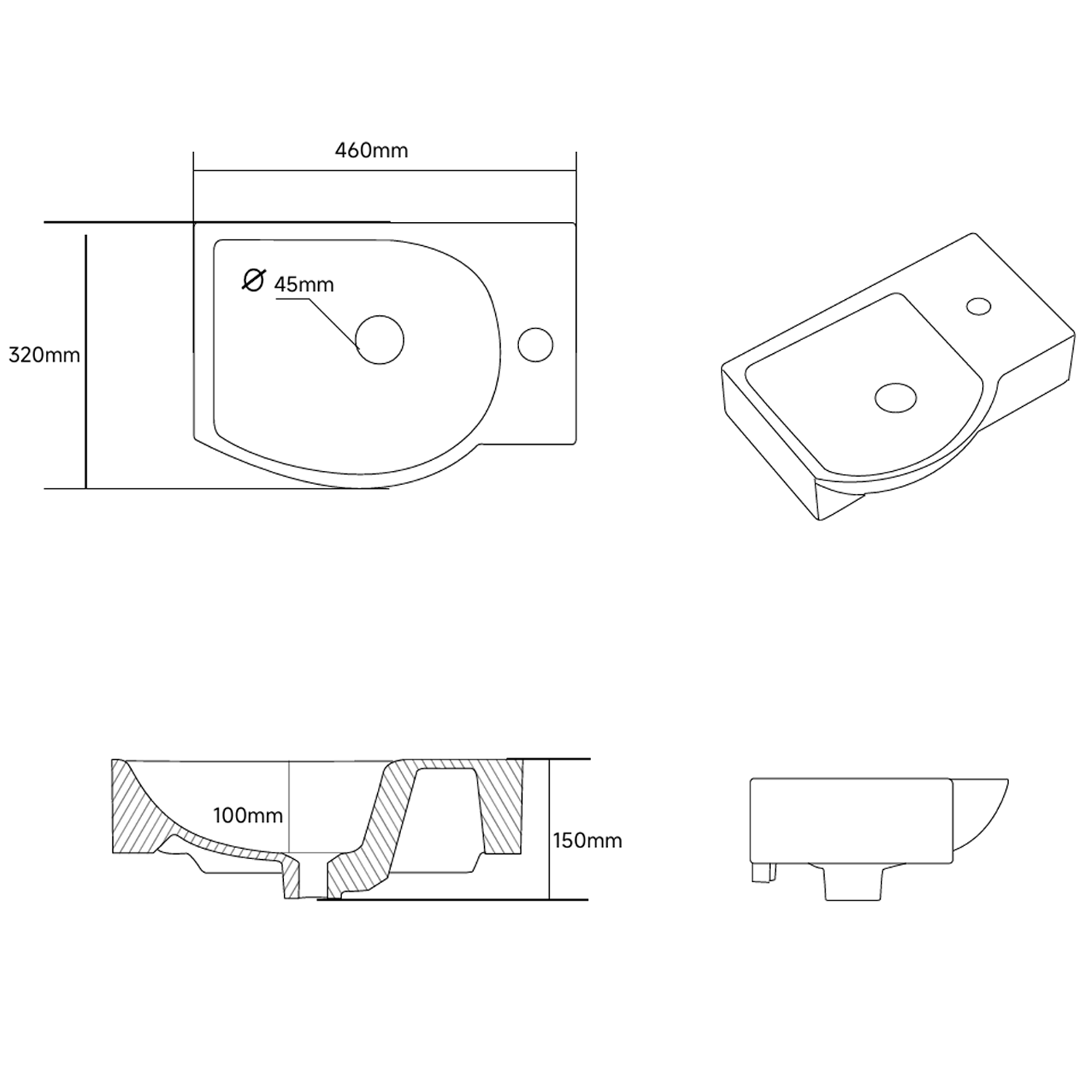 Max Wall Hung Cloakroom Basin with Extended Bowl - 460 x 320mm