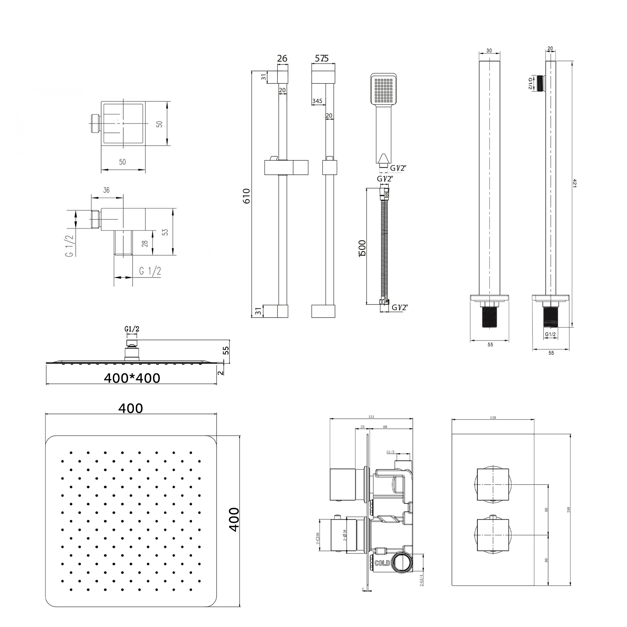 Drew Square Concealed Shower Valve with Fixed Head & Slide Rail Kit
