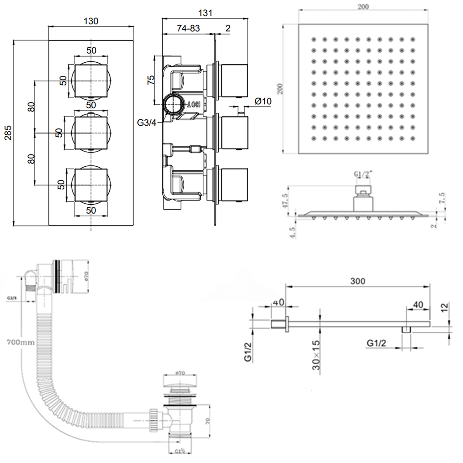 Harbour Status Matt Black Concealed Shower Valve, Fixed Wall Mounted Head & Overflow Bath Filler