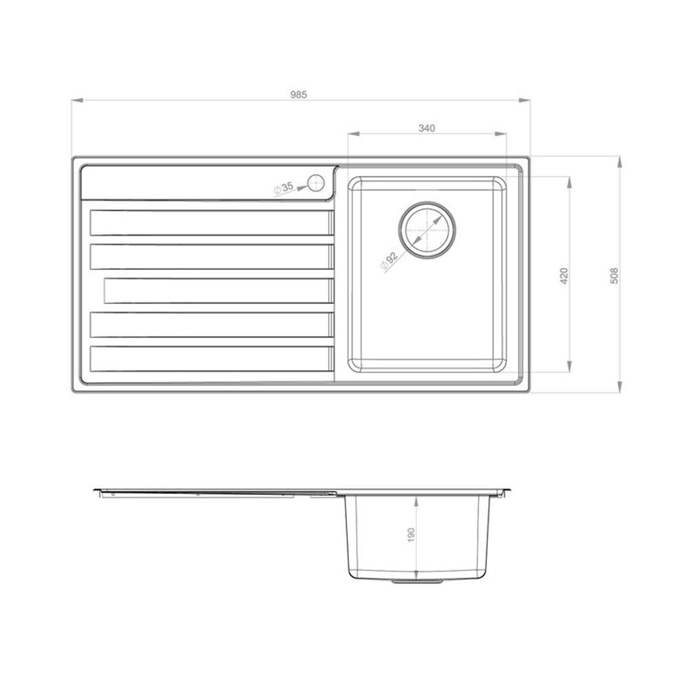 Rangemaster Rockford Single Bowl Brushed Stainless Sink & Waste with Left Hand Drainer - 985 x 508mm