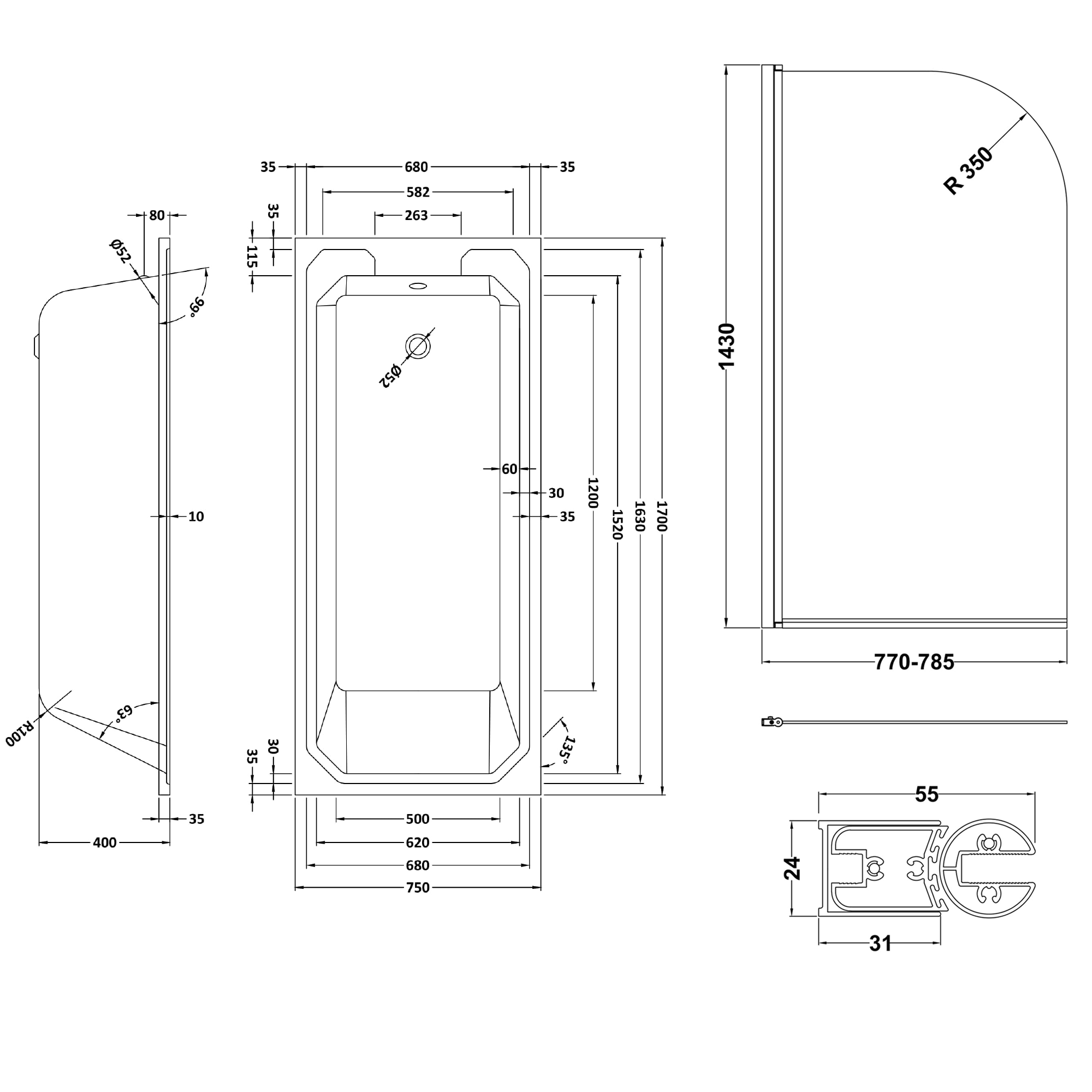 Butler & Rose Art Deco Shower Bath & Shower Screen