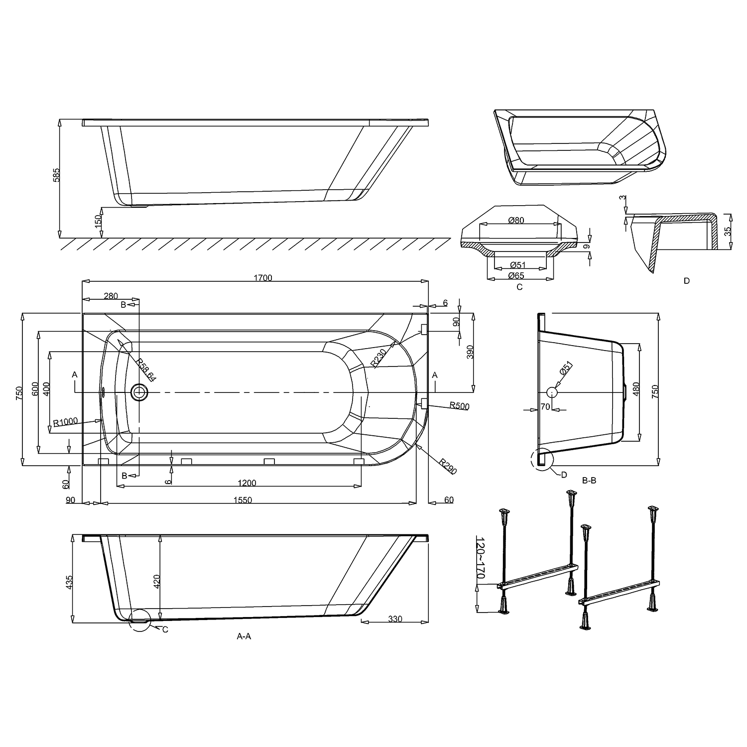 Britton Bathrooms Viride Single Ended Offset J-Shaped Bath, Panel & Cradle - 1700 x 750mm