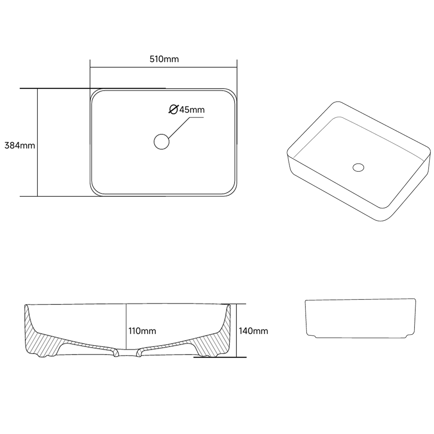 Poppy Rectangular Countertop Basin - 510 x 384mm