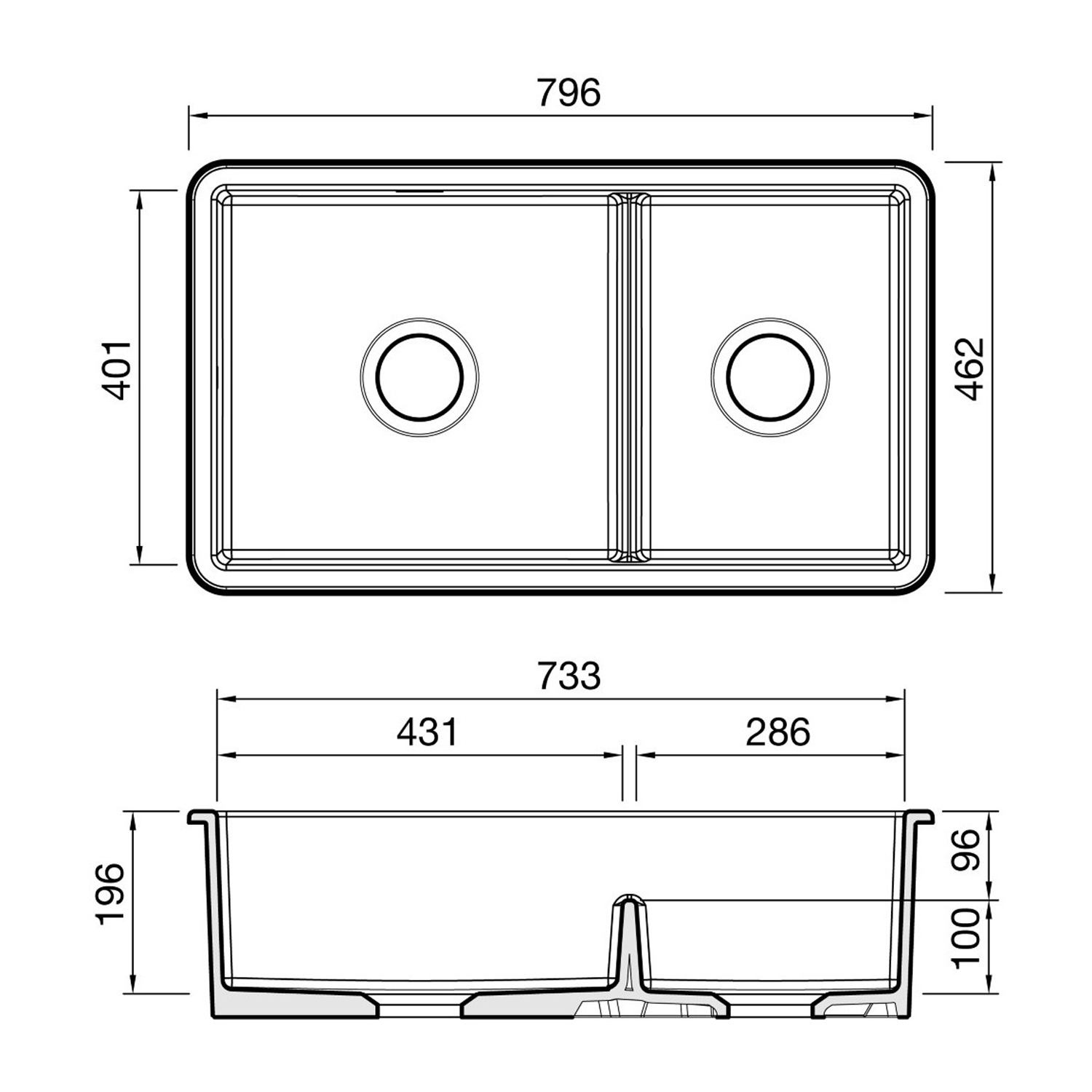 Clearwater Metro Ceramic Inset/Undermount Kitchen Sink - 796 x 462mm