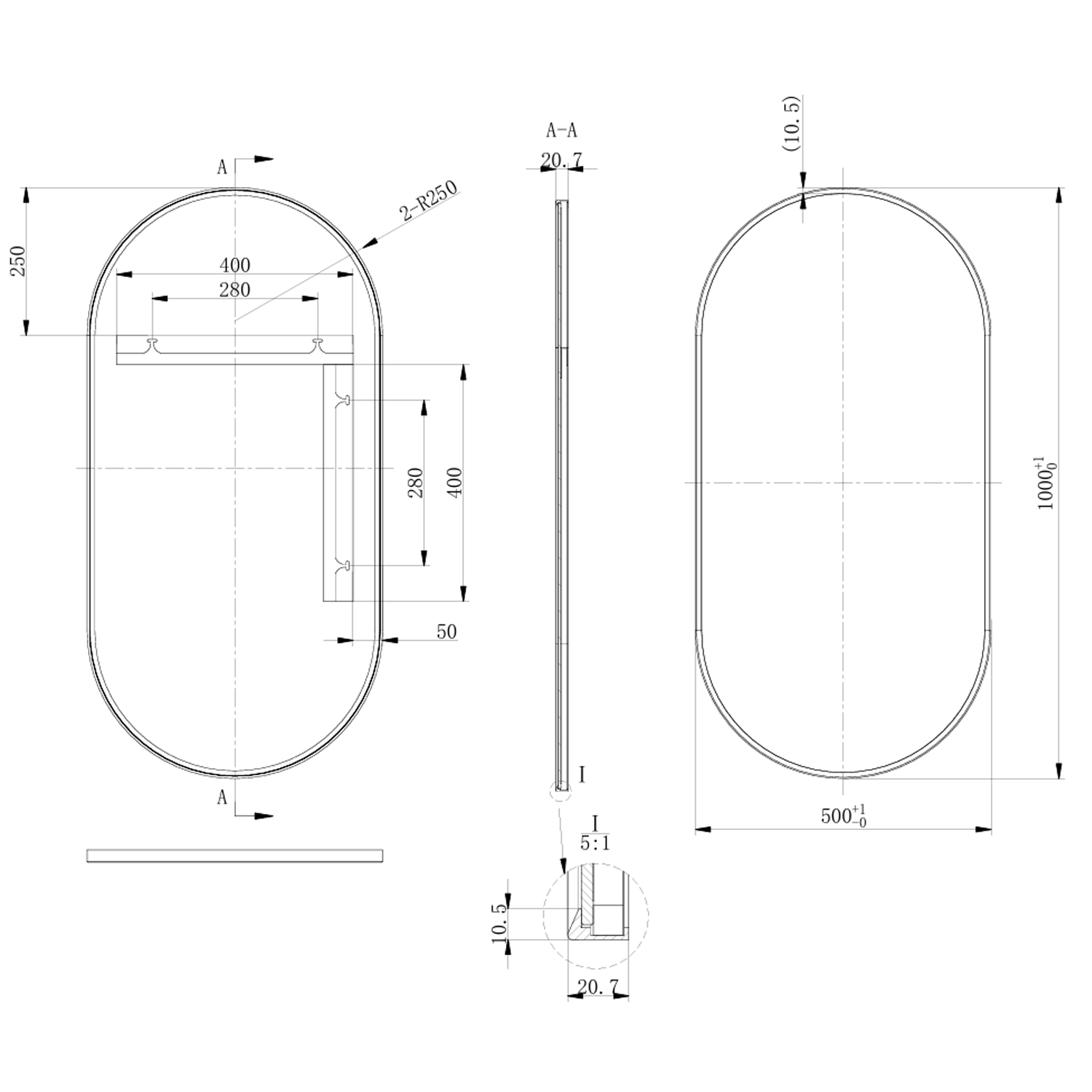 Billy Oval Framed Mirror - 500 x 1000mm