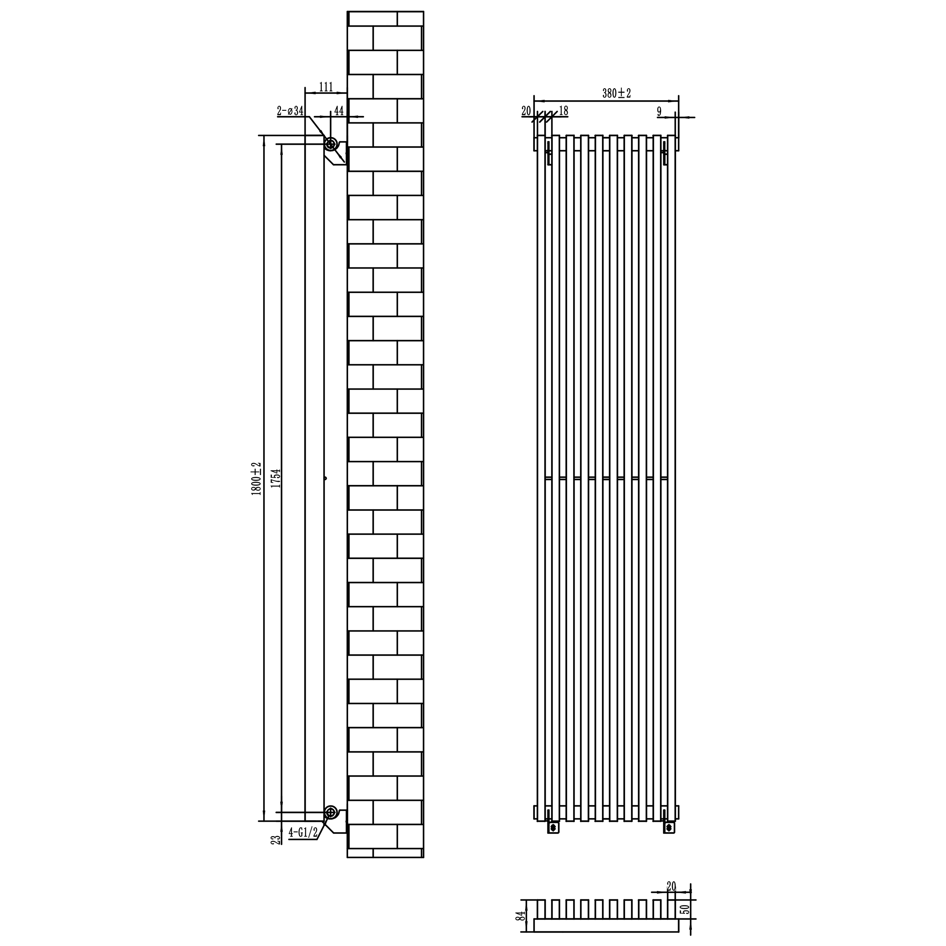 Toasty Axis Anthracite Grey Rectangular Tube Vertical Radiator - 1800 x 380mm