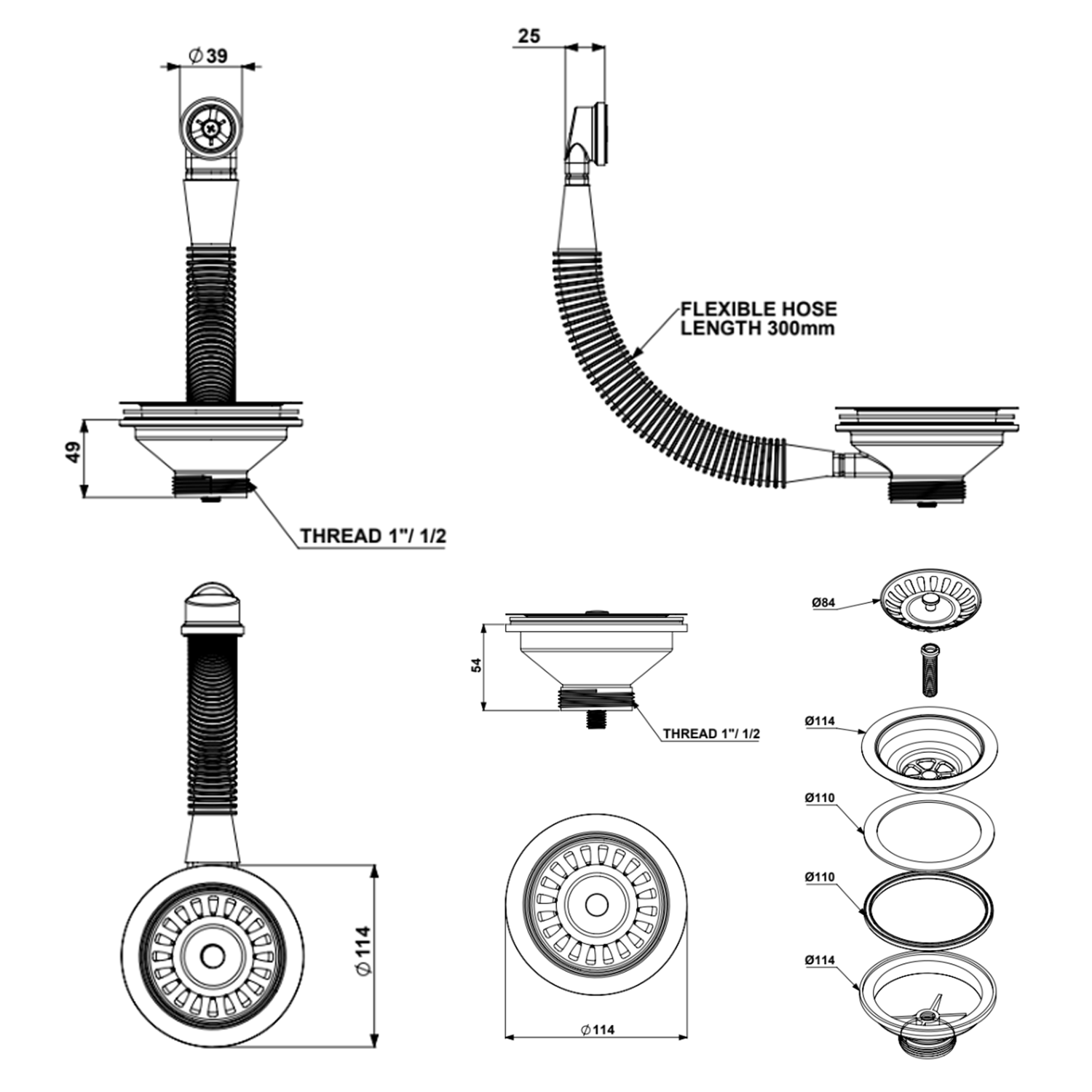 Butler & Rose 90mm Chrome 1.5 & 2 Bowl Kitchen Sink Strainer Wastes with Round Overflow